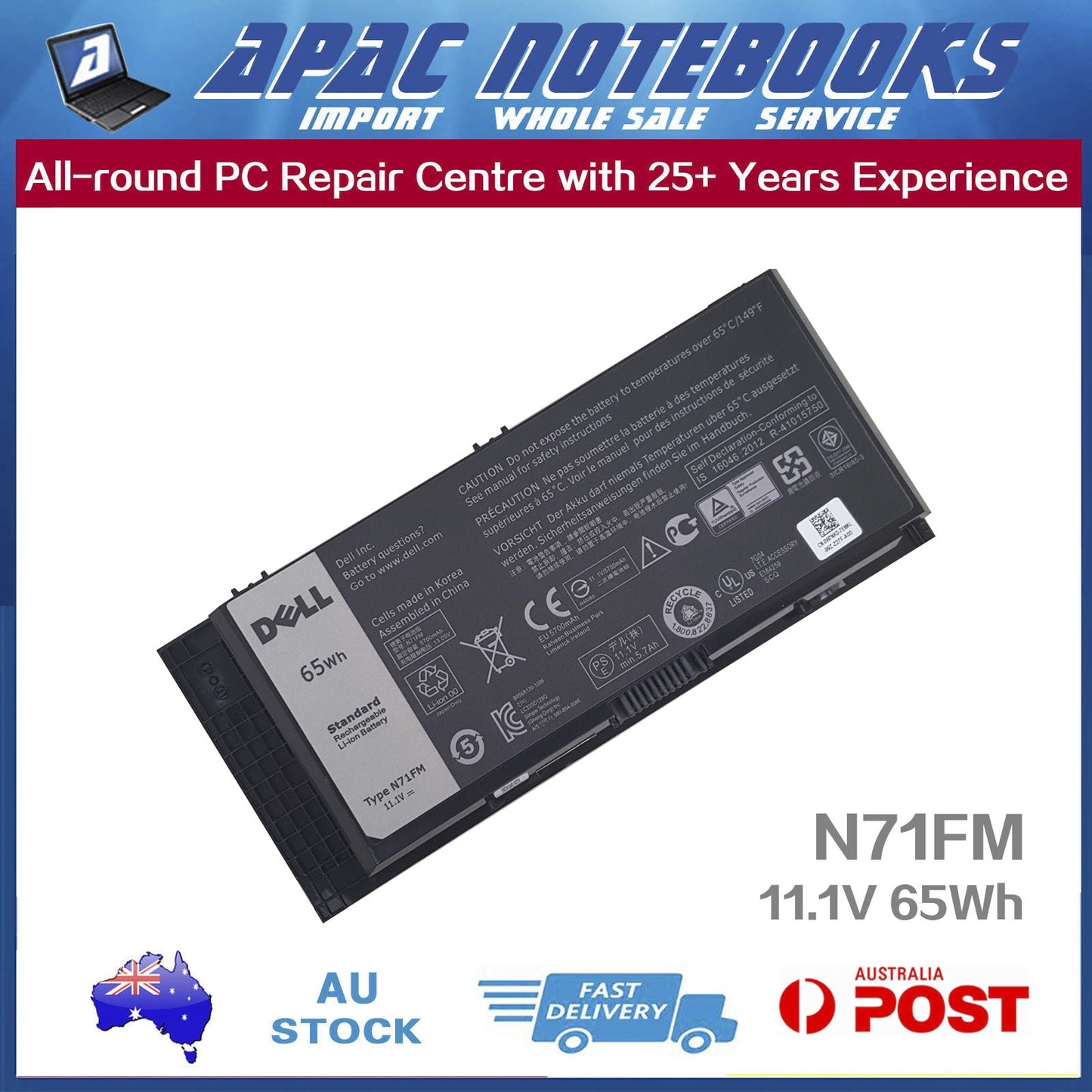 Genuine N71FM Battery for 6R1V8 72KRT FJJ4W FV993 PG6RC R7PND T3NT1 V7M28 65Wh