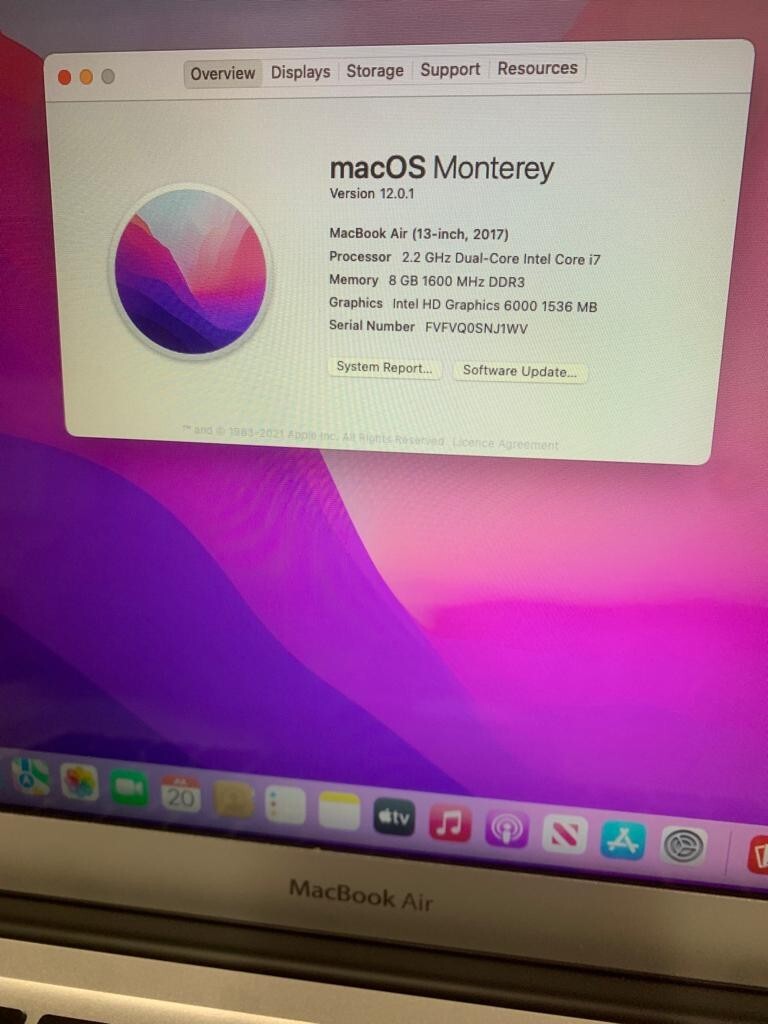 Apple Macbook Air 13." A1466 2017 i5 1.8GHz 8GB RAM 128GB SSD macOS Monterey