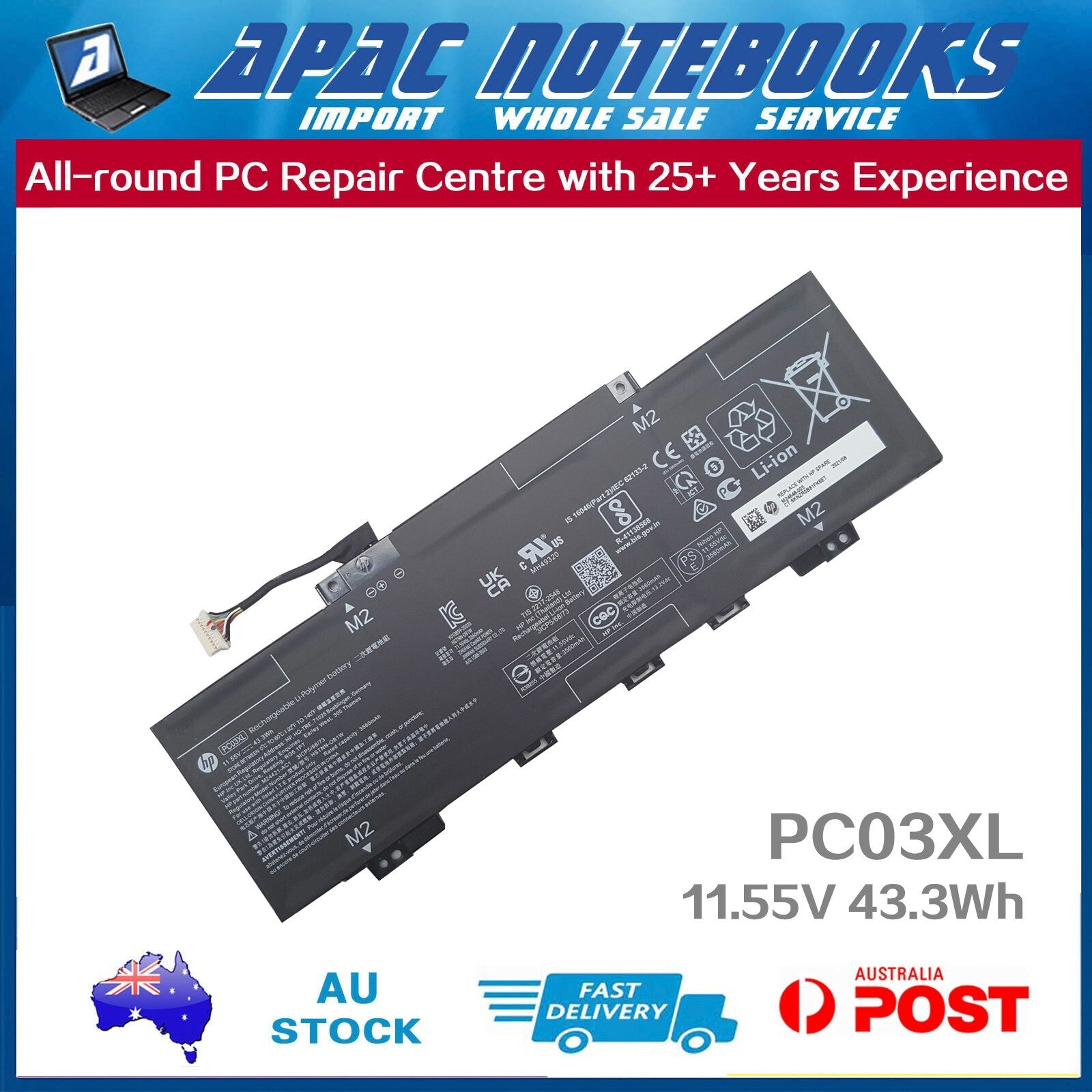 Vhbw Ersatz Für HP M24648-006, PC03043XL, PC03XL, TPN-DB0E Für  3650 Mah Laptop Akku Li Polymer 3650 Mah 1155 V