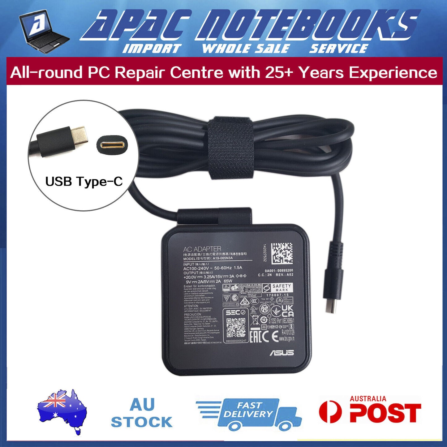 Genuine 65W USB Type-C AC Adapter Charger ASUS Zenbook S13 UX392FA UX392FN
