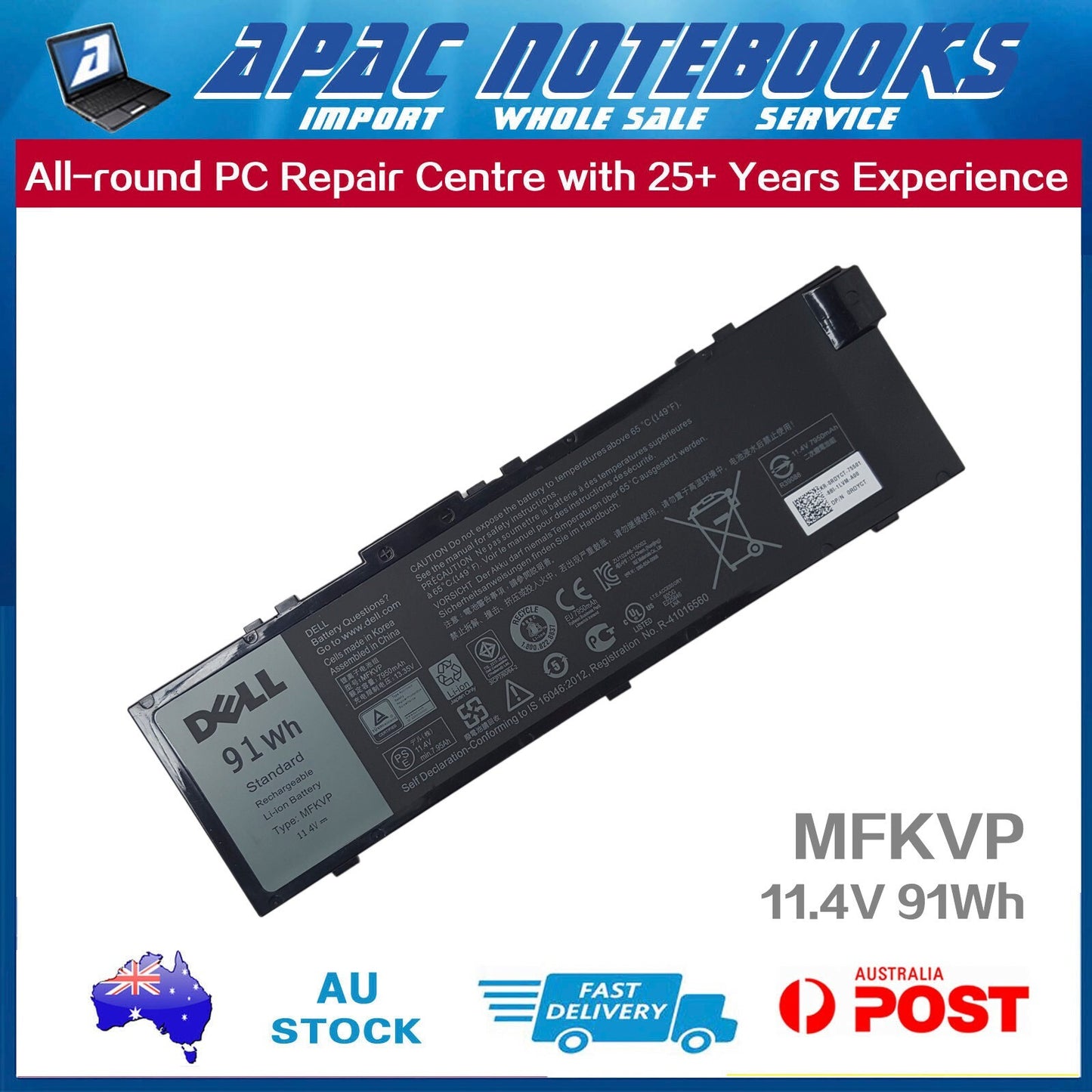Genuine MFKVP Battery for 0FNY7 1G9VM GR5D3 M28DH RDYCT T05W1 TWCPG 11.4V 91Wh