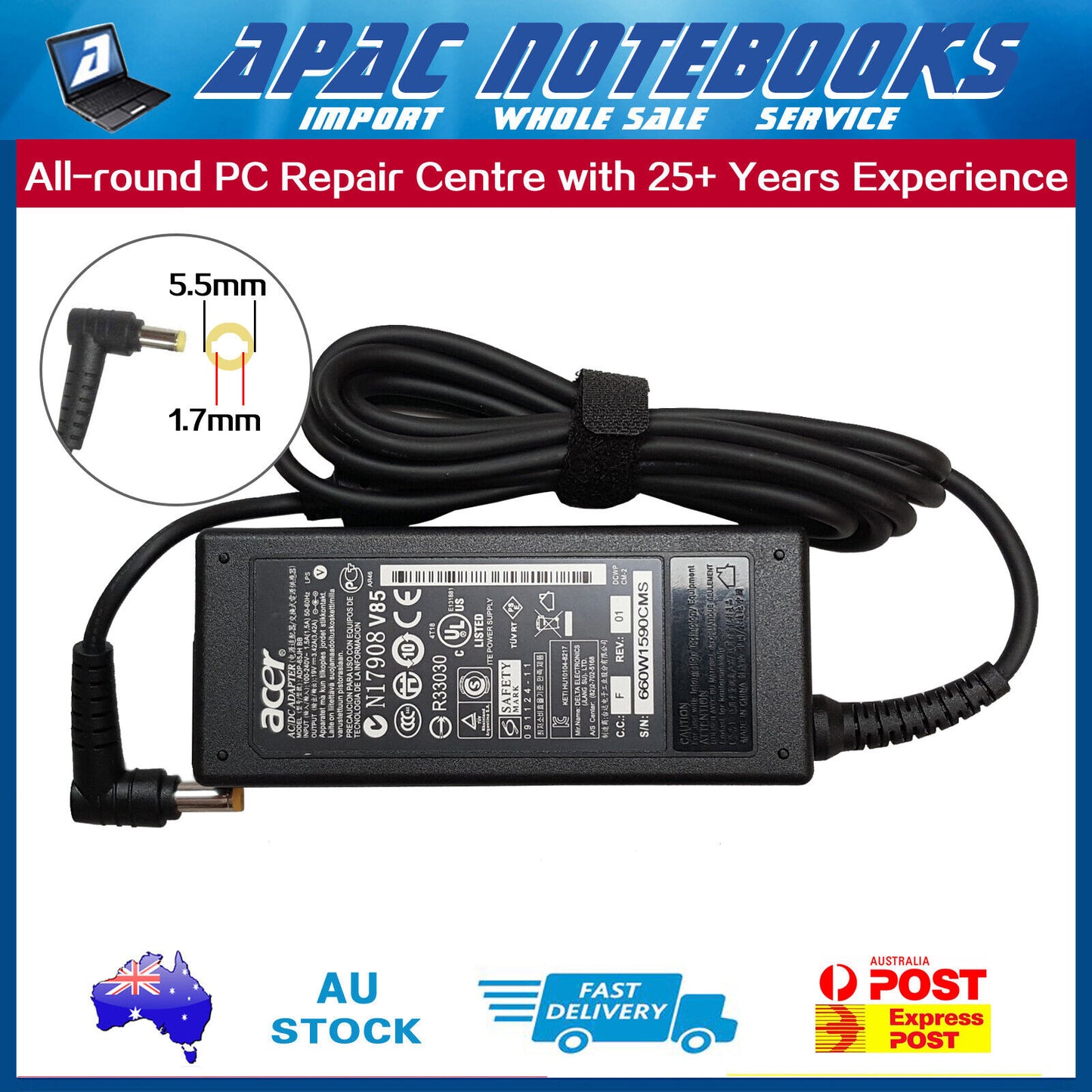 Genuine Acer Charger Aspire F5-573 -573G -573T -522 -711 -711G 65W 19V 3.42A