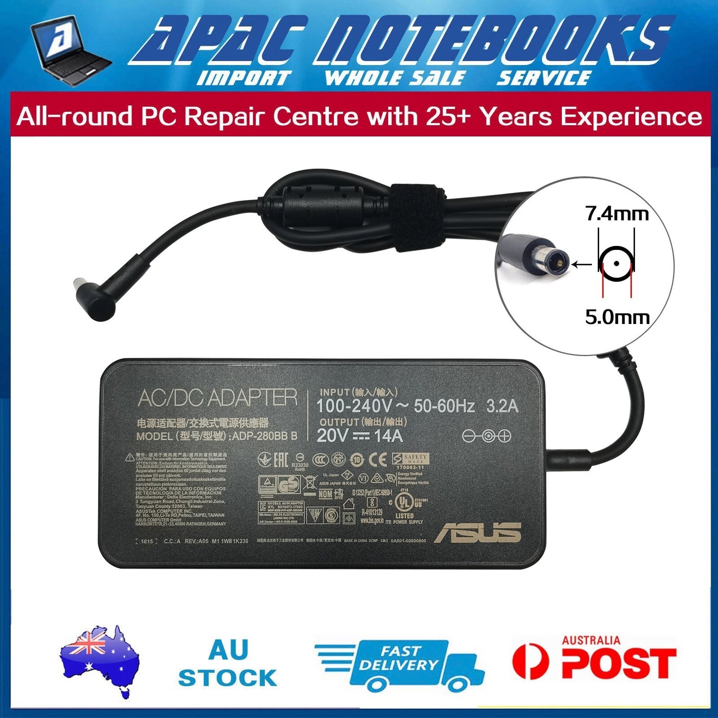 Genuine 280W AC Adapter Charger ASUS PG35VQ MSI GE63 GE73 GL63 GP65 7.4x5.0mm