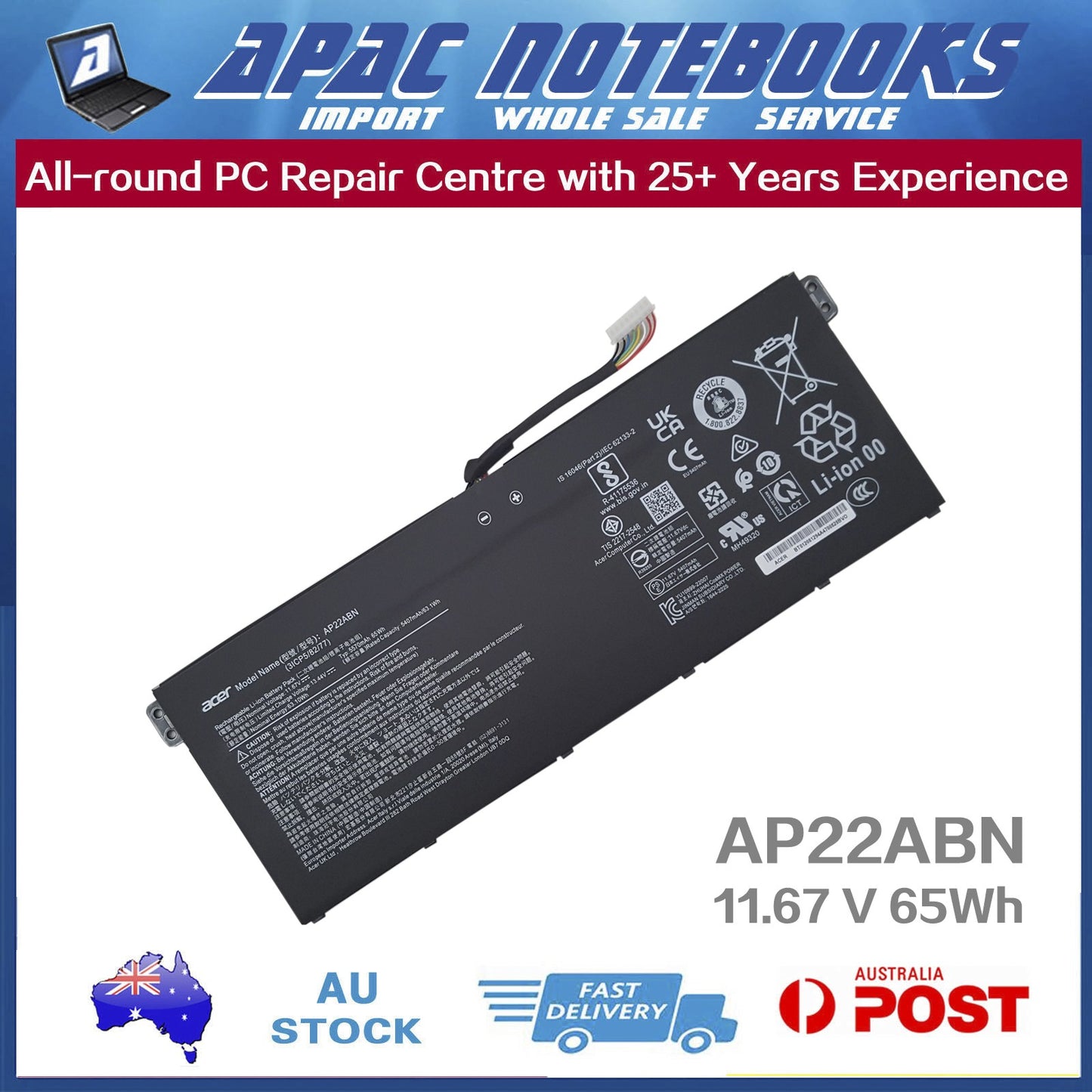 Genuine Acer Battery AP22ABN AP22A8N 3ICP5/81/76 3ICP5/82/77 4ICP5/44/110 65Wh
