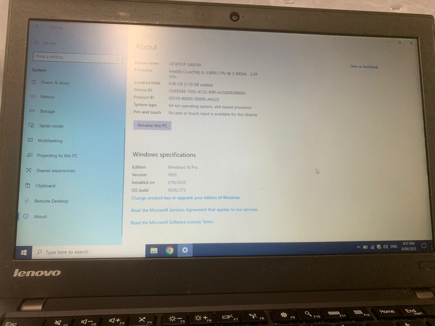 Lenovo ThinkPad x250 12.5" i5(5th) 8GB RAM 120GB SDD Window 10 Pro