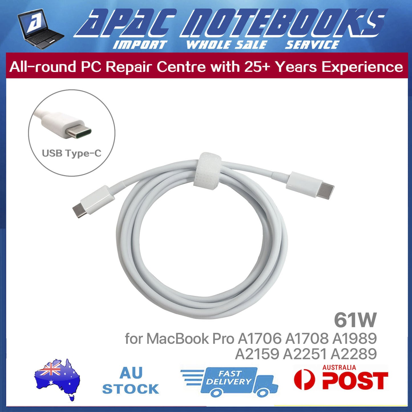 61W USB-C Power Adapter for MacBook Pro 13" A1708 2016 2017 MacBookPro13,1 14,1