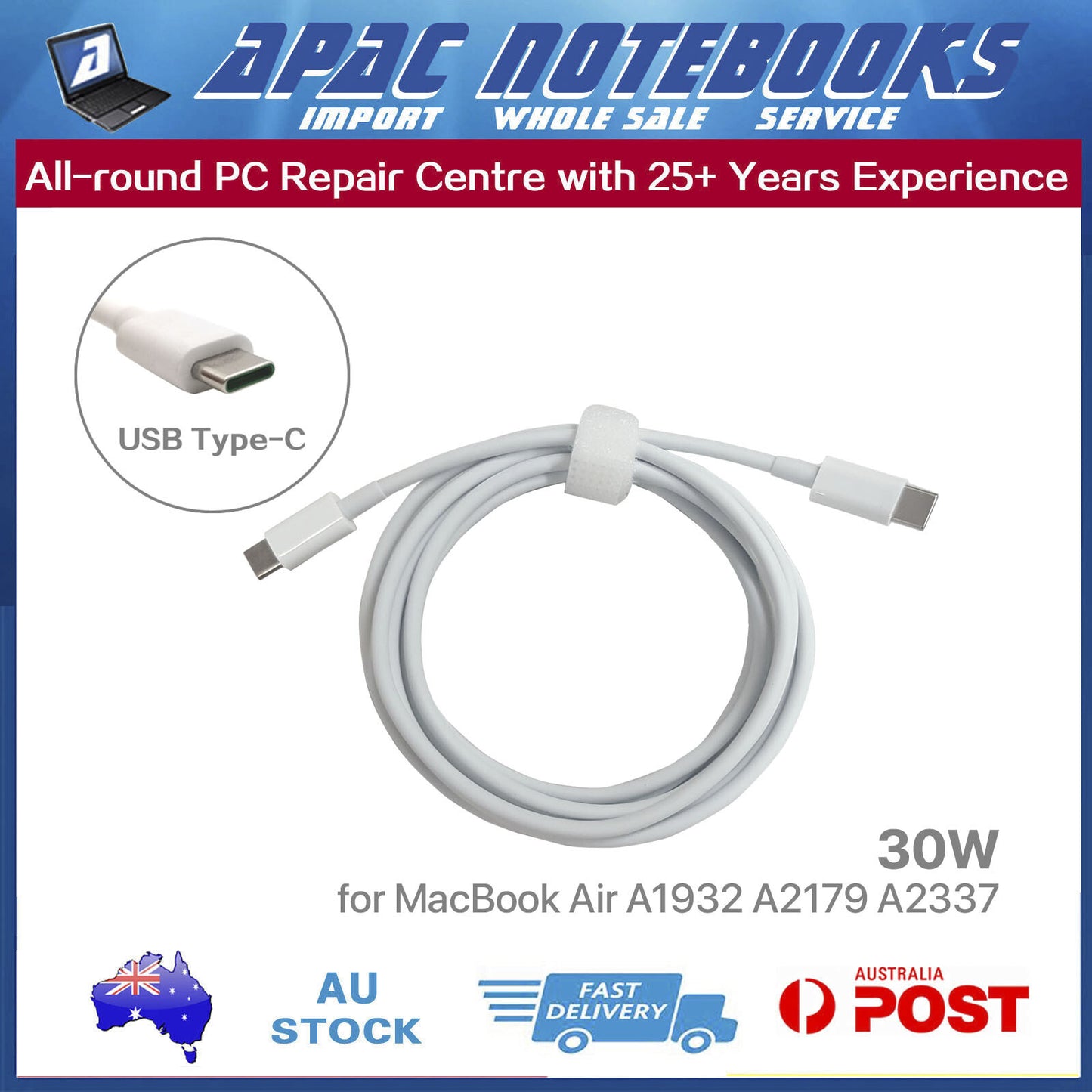 30W USB-C Power Adapter for MacBook Air 13" Retina A2179 2020 MacBookAir9,1