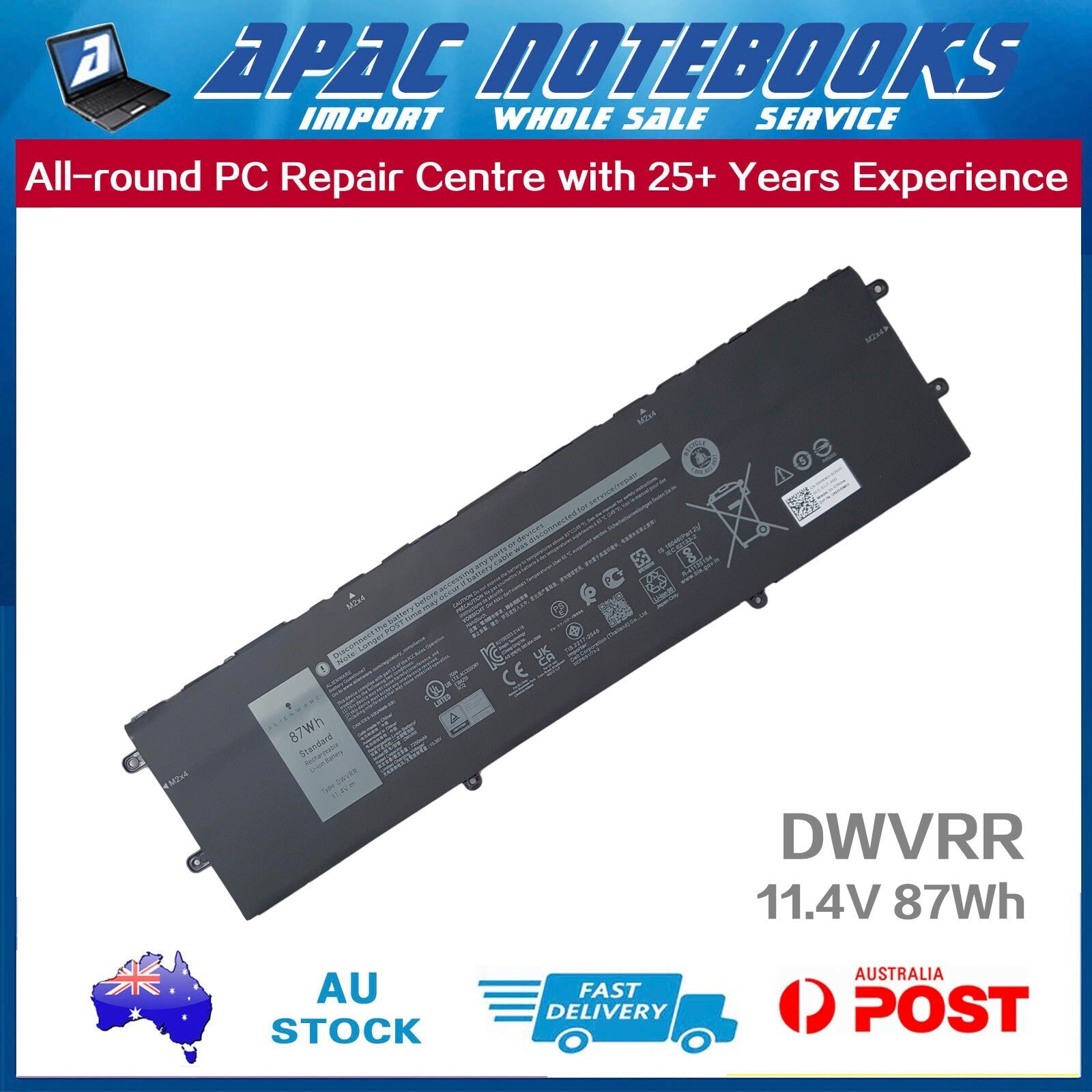 Genuine DWVRR Battery for Alienware X15 X17 R1 R2 Inspiron 16 7620 2in1 87Wh