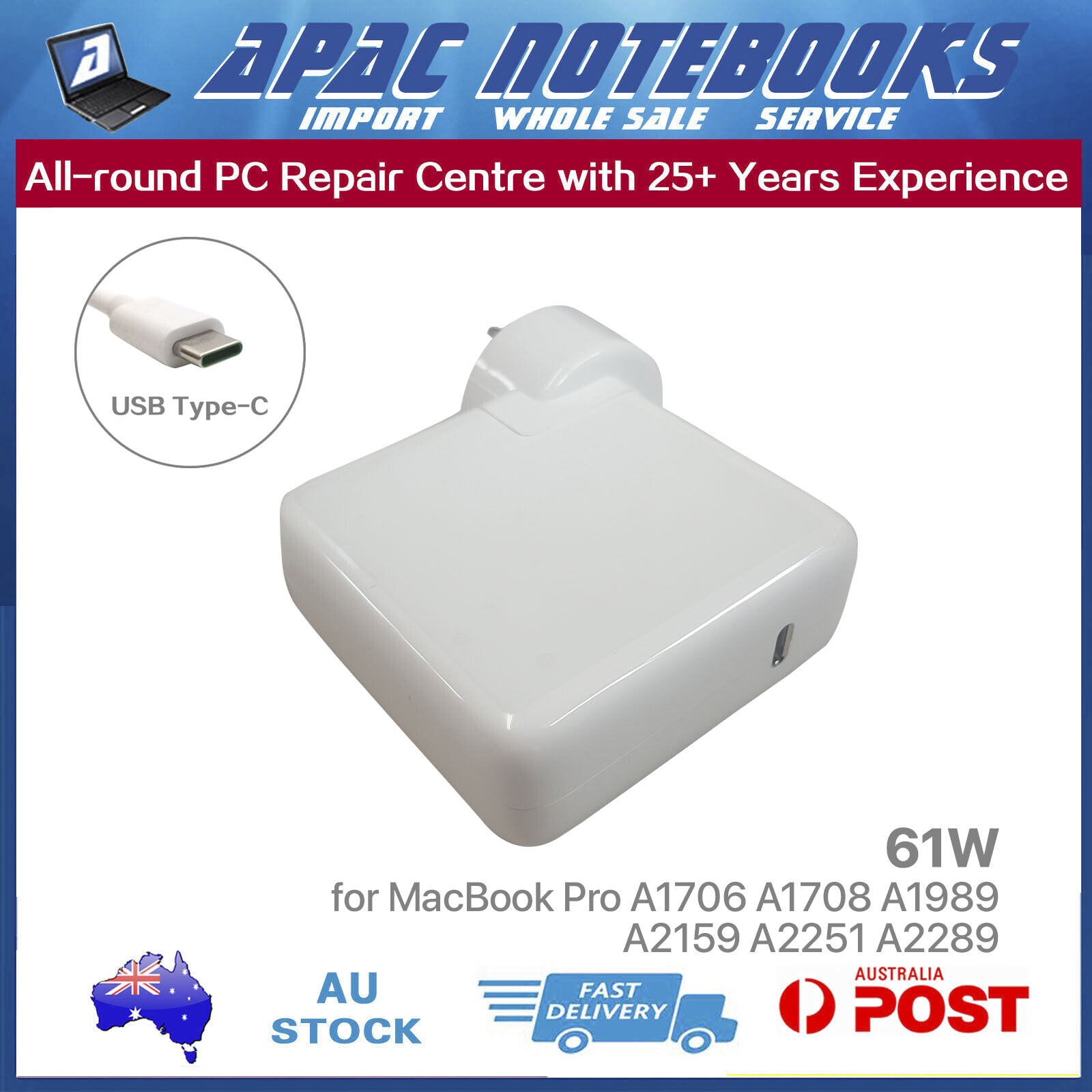 61W USB-C Power Adapter for MacBook Pro 13" A2338 M1 2020 MacBookPro17,1			