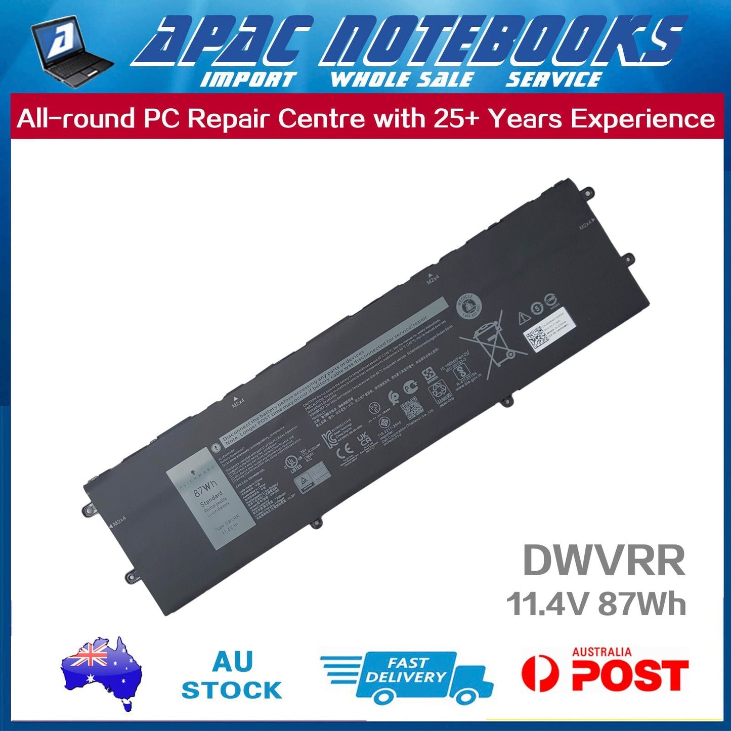 Genuine DWVRR Battery for P111F001 003 P48E001 003 P119F001 817GN NR6MH 87Wh