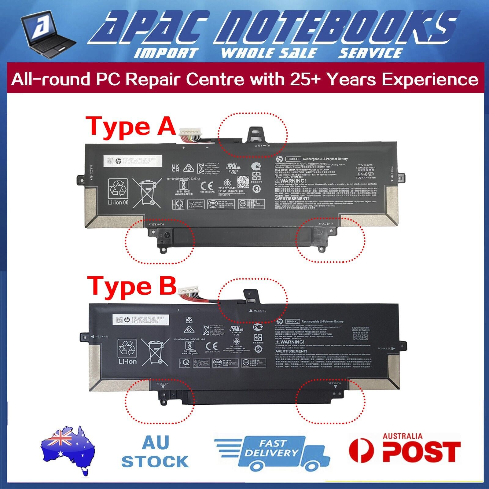 Genuine HK04XL Type-A Battery HP EliteBook x360 1030 1040 G7 G8 HK04054XL 54Wh