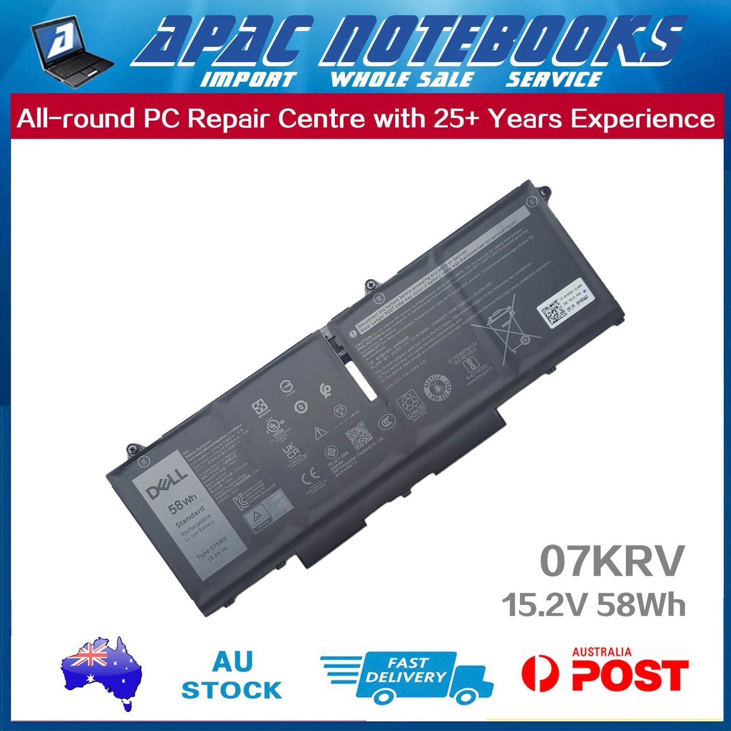 Genuine 07KRV FK0VR Battery for 01VX5 293F1 404T8 8H6WD 8P81K M69D0 PX0GF 58Wh