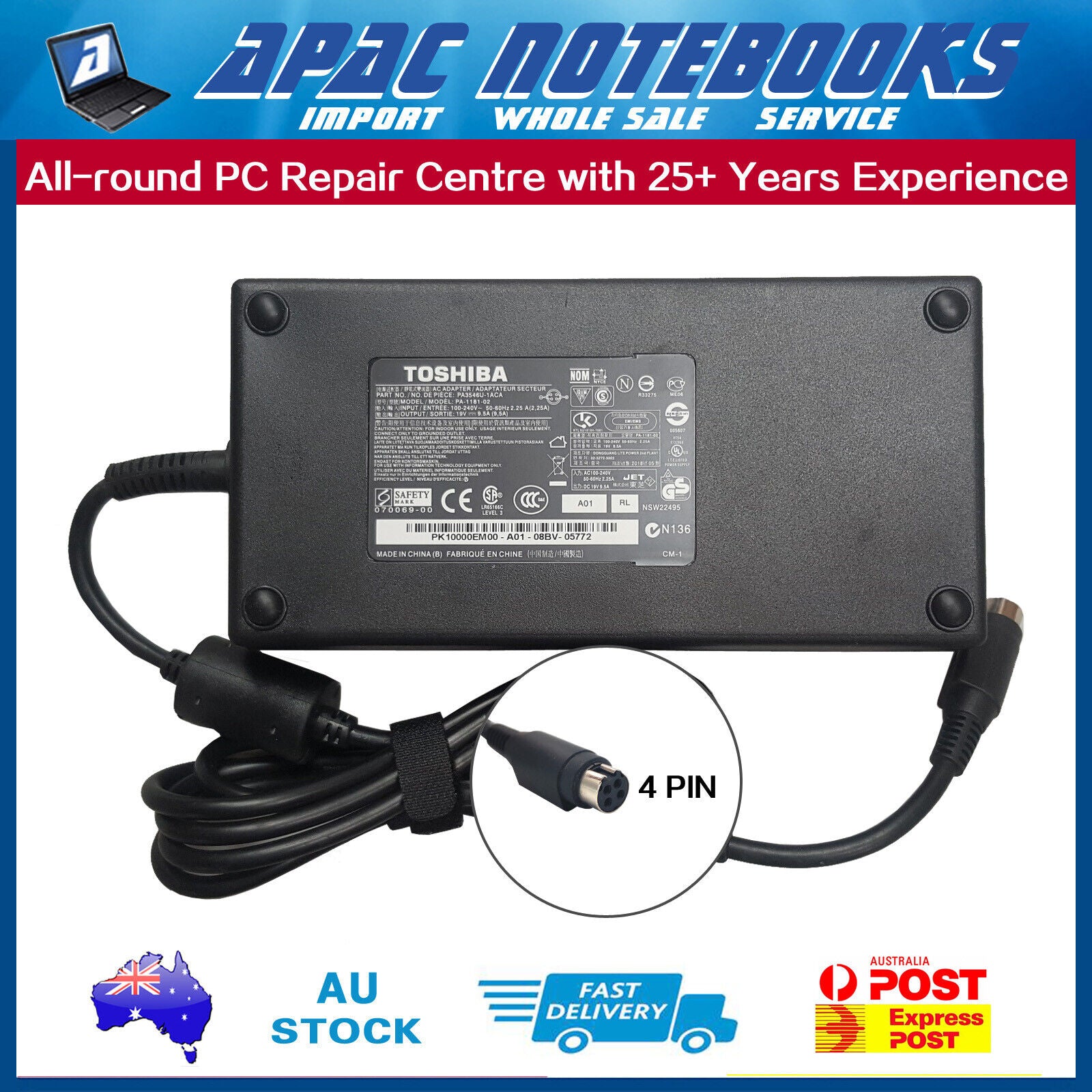 Genuine 180W AC Adapter Charger TOSHIBA PA3546E-1AC3 4 PIN DC