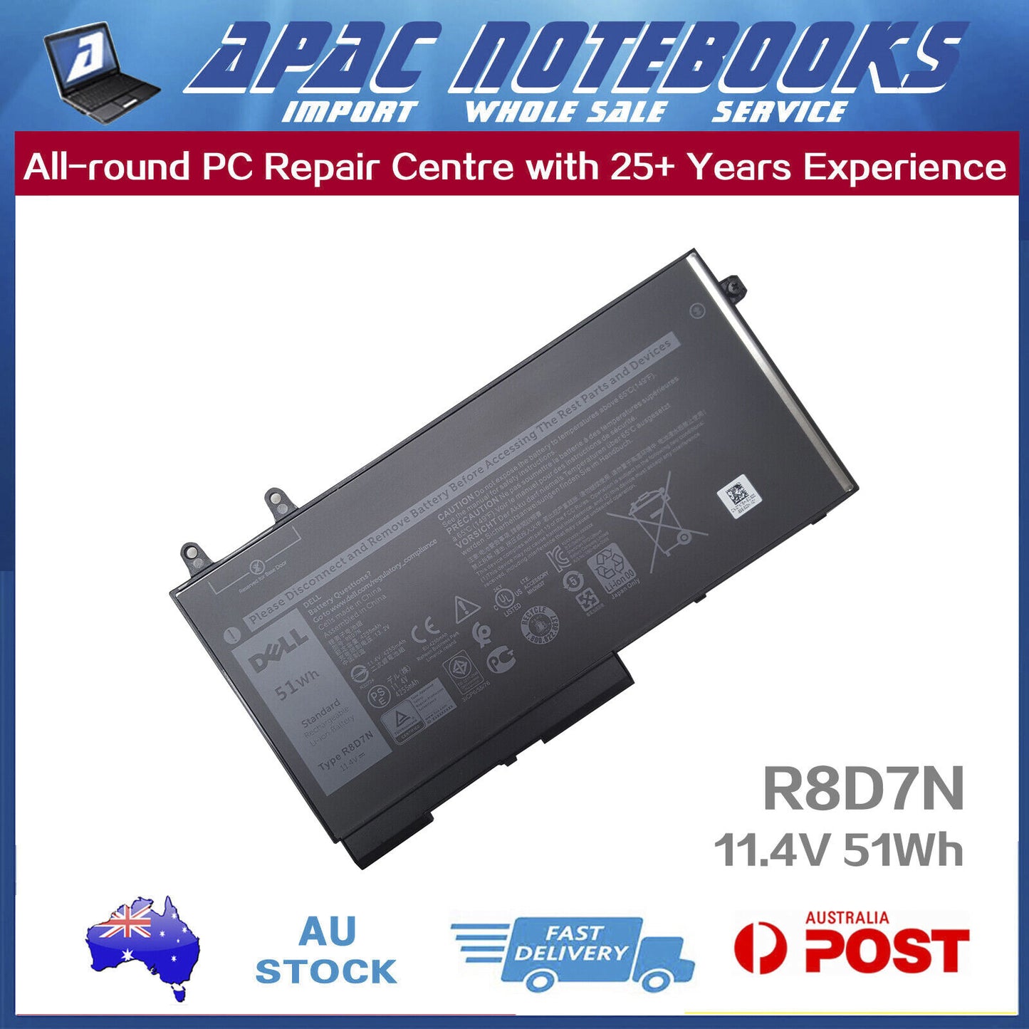 Genuine R8D7N Battery for Latitude 5400 5410 5401 5411 P98G001 007 003 008 51Wh