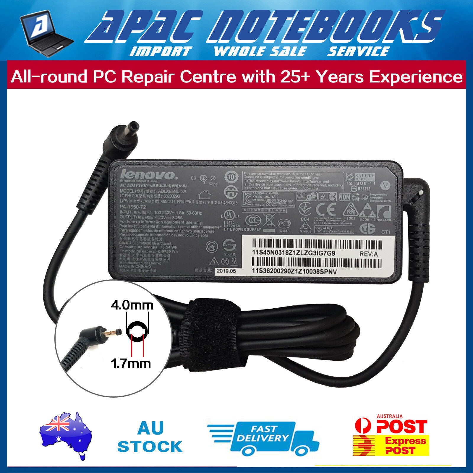 Genuine 65W Charger AC Adapter Lenovo IdeaPad C340-14API C340-14IML -14IWL