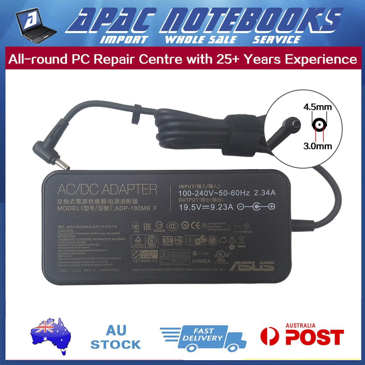 Genuine 180W AC Adapter Charger ASUS ADP-180MB F 19.5V 9.23A Tip:4.5mm*3.0mm