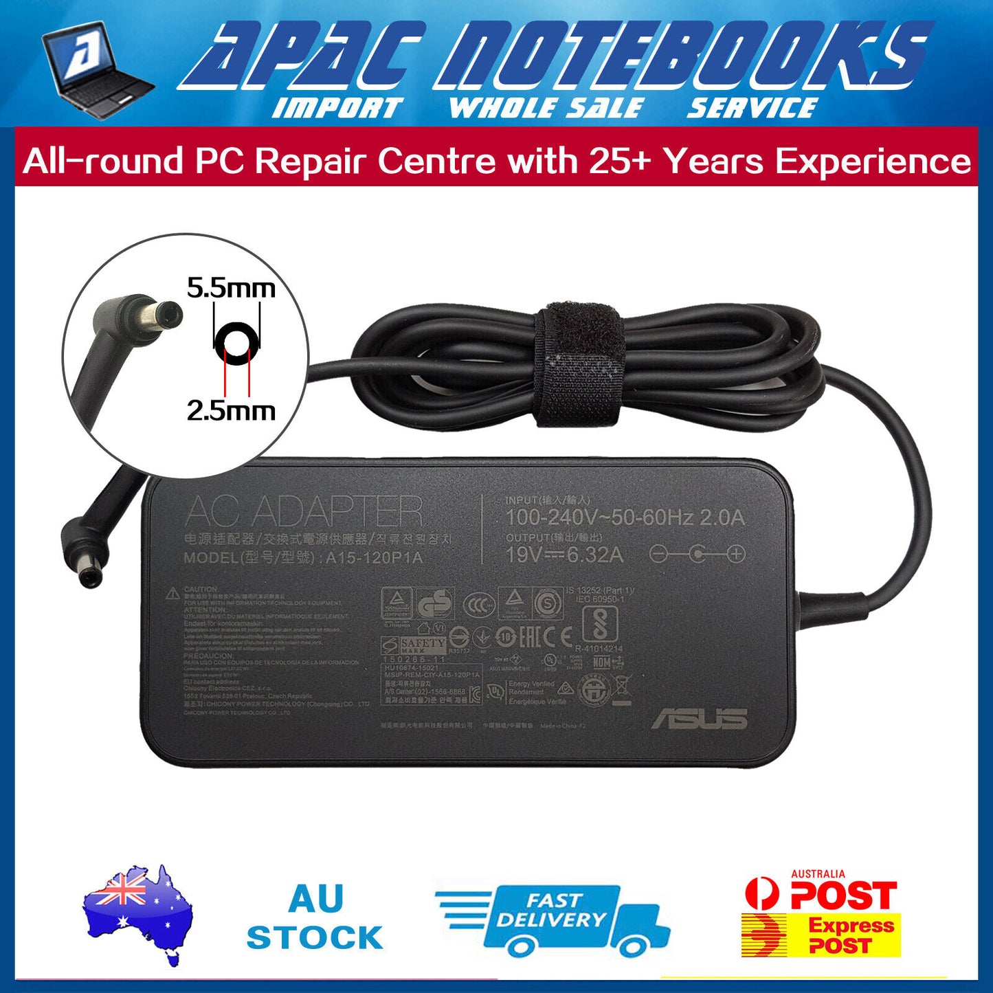 Genuine 120W AC Adapter Charger ASUS Vivobook Pro N580VD-FI263T N752VX