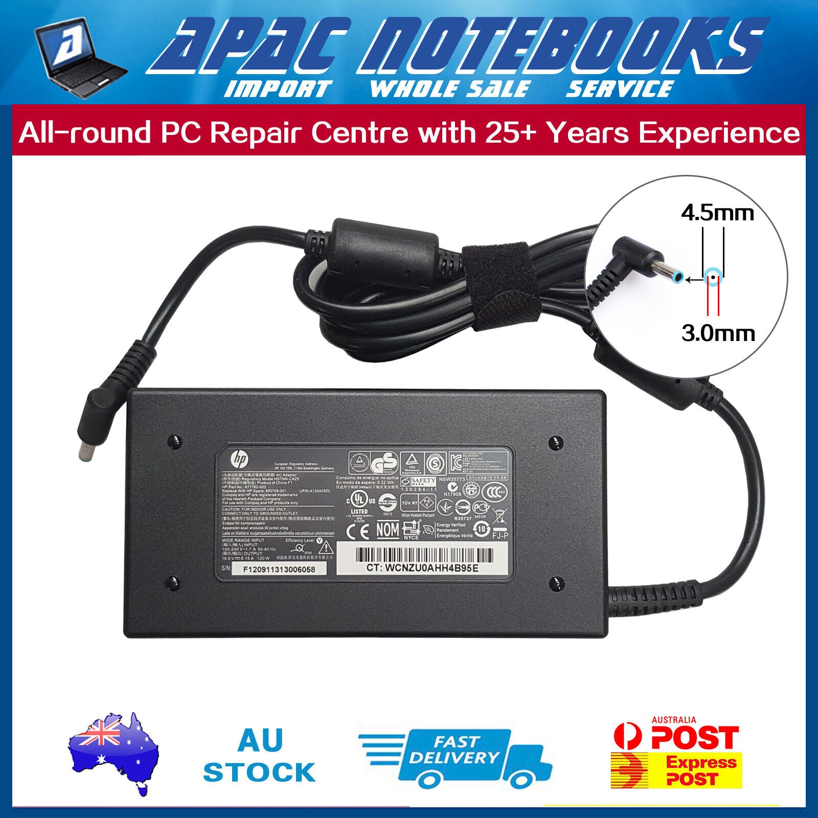 Genuine 120W AC Adapter Charger HP 17-W003TX 17-W006TX 19.5V 6.15A 4.5x3.0mm