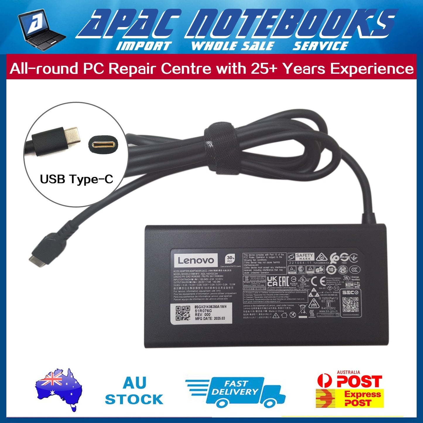 Genuine 140W USB Type-C Lenovo Charger Slim Pro 7 14APH8 14ARP8 Pro 9 14IRP8