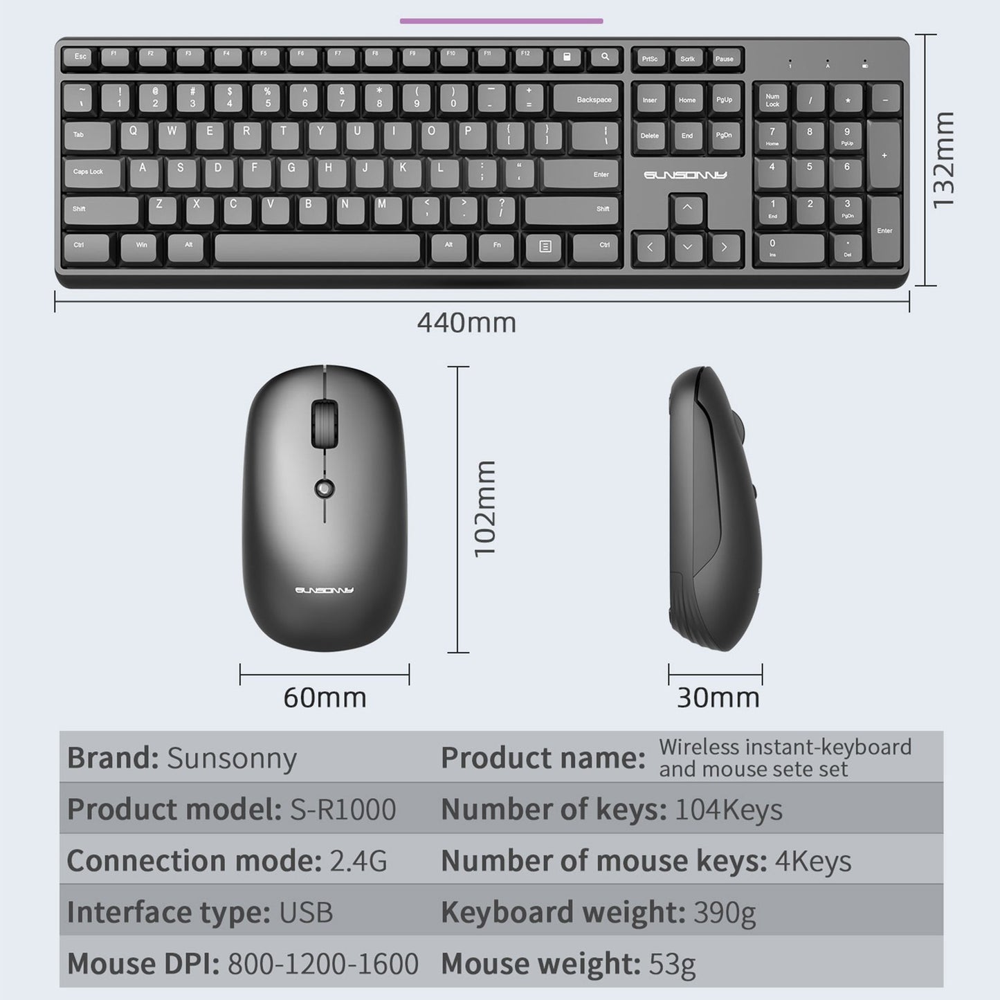 2.4G Wireless High-Precision 1600DPI Mouse and Full-Size AU Keyboard  Combo Set