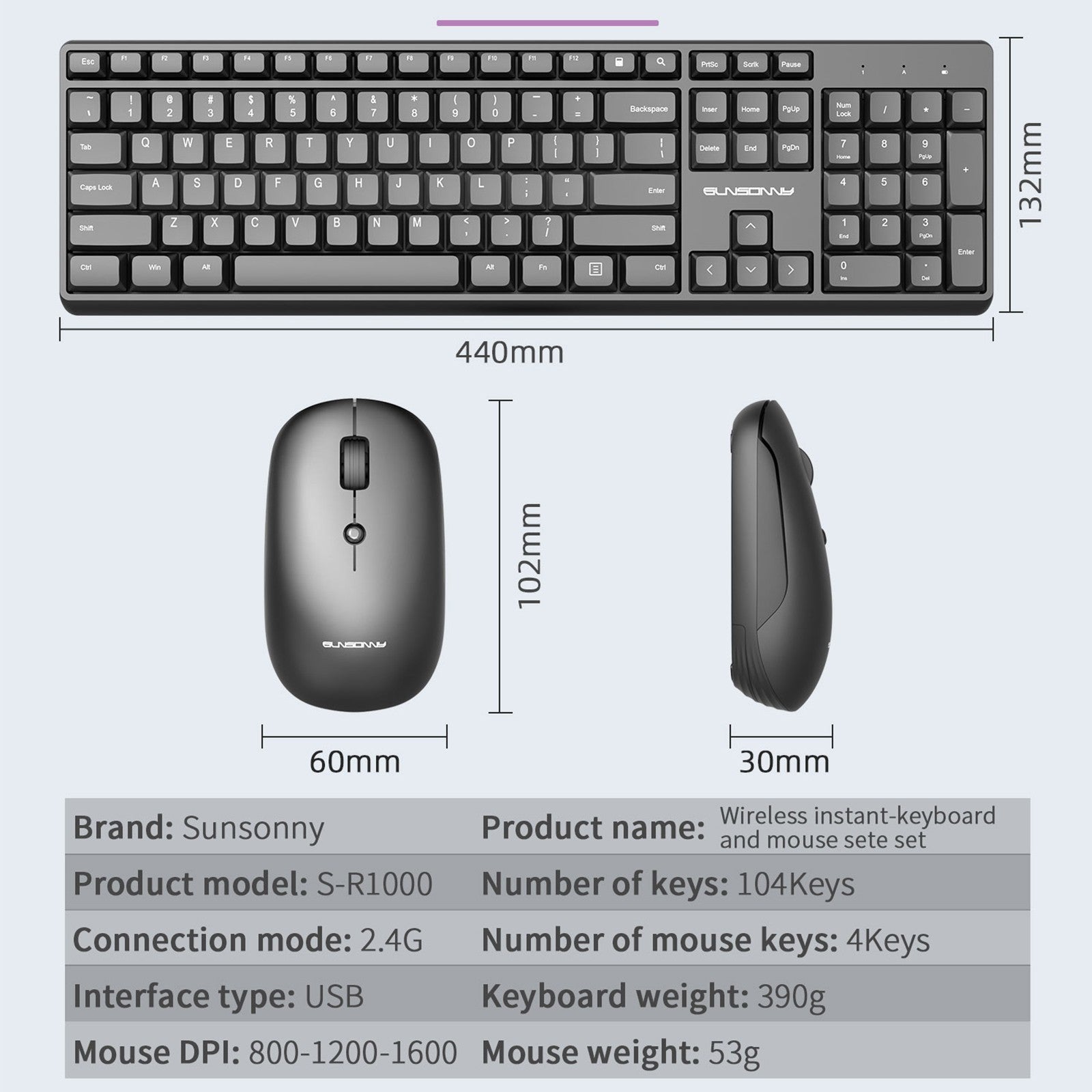 2.4G Wireless High-Precision 1600DPI Mouse and Full-Size AU Keyboard  Combo Set
