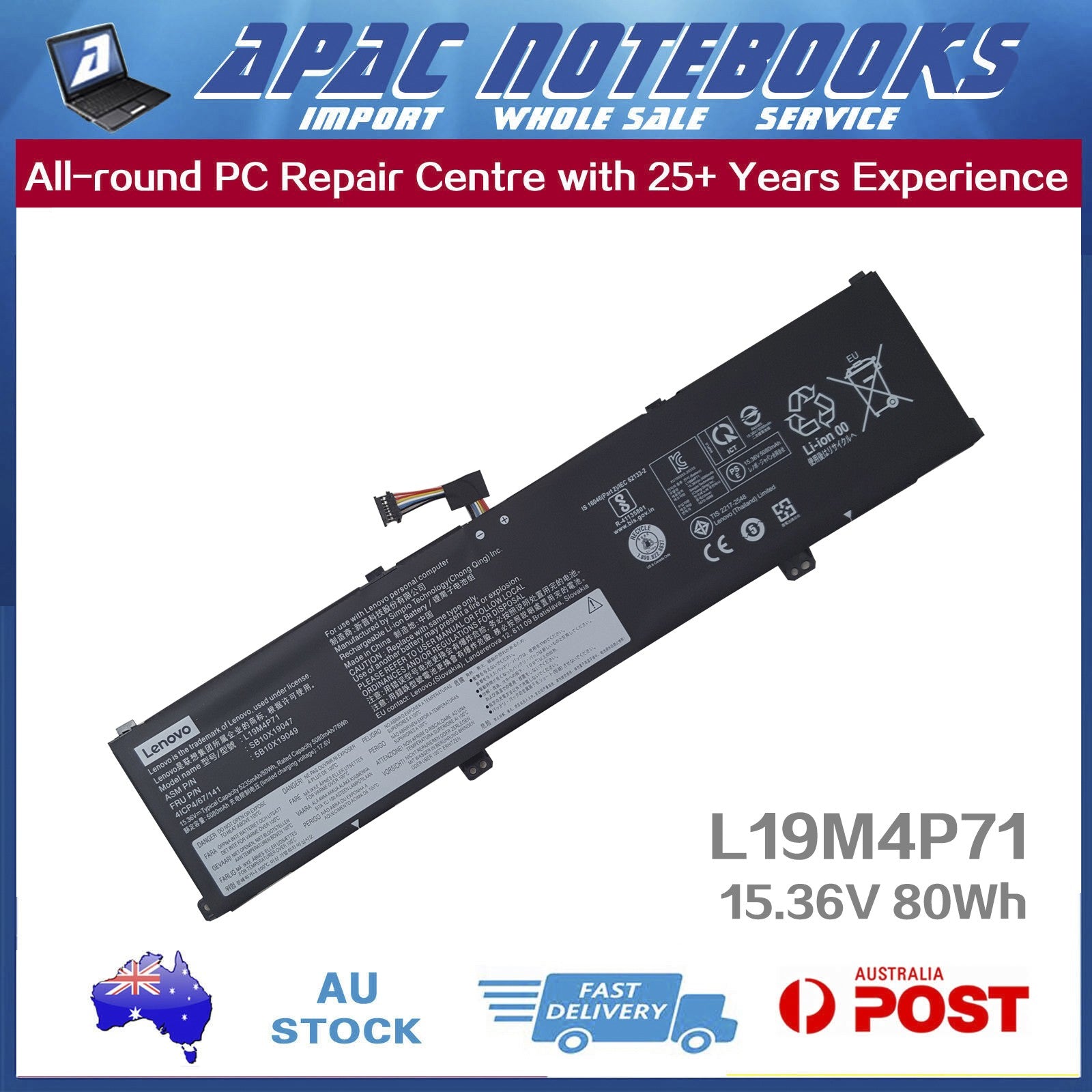 Genuine Lenovo Battery L19C4P71 L19M4P71 5B10X19049 5B10X19050 15.36V 80Wh