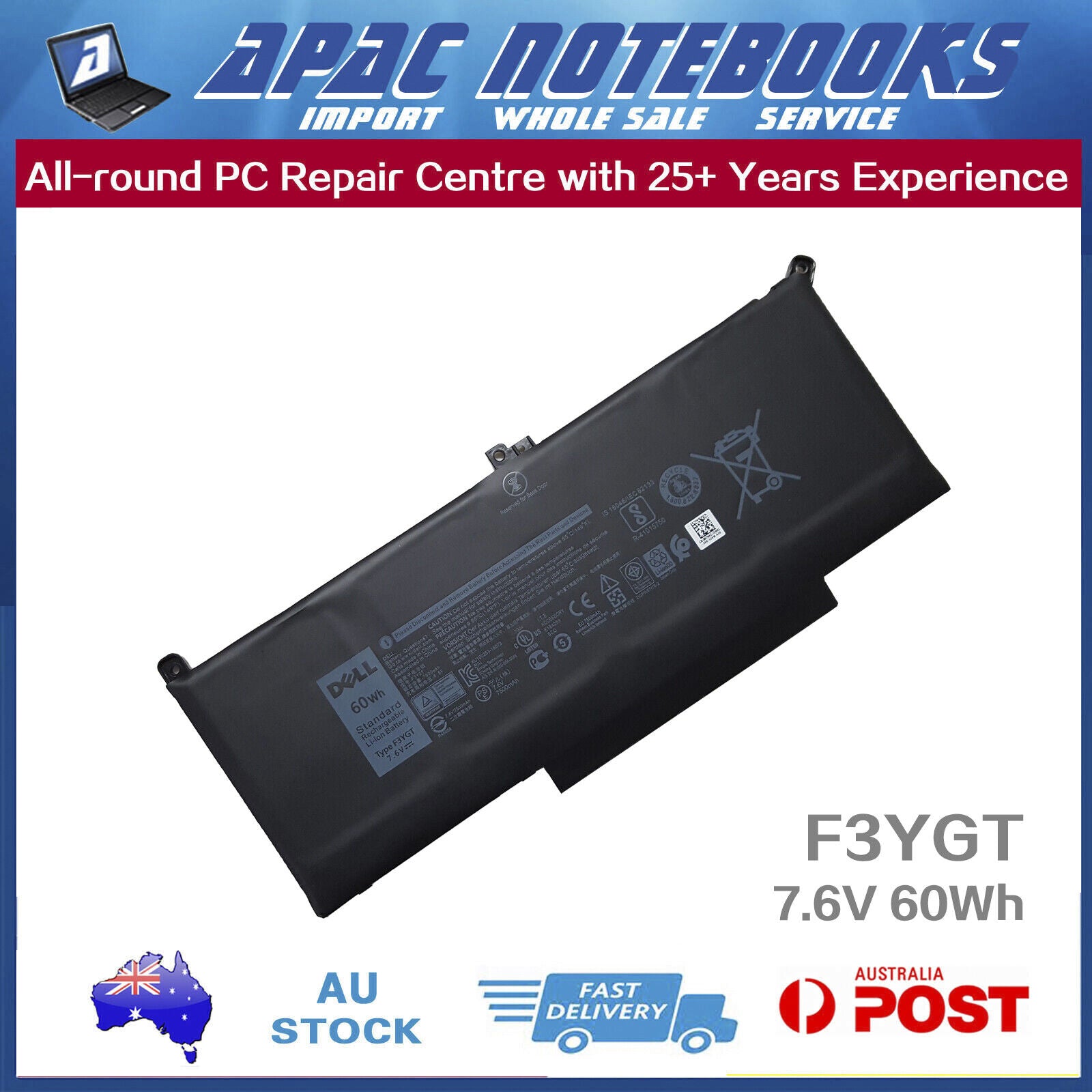 Genuine F3YGT Battery for Latitude 7280 7290 7380 7390 7480 7490 P28S P73G 60Wh