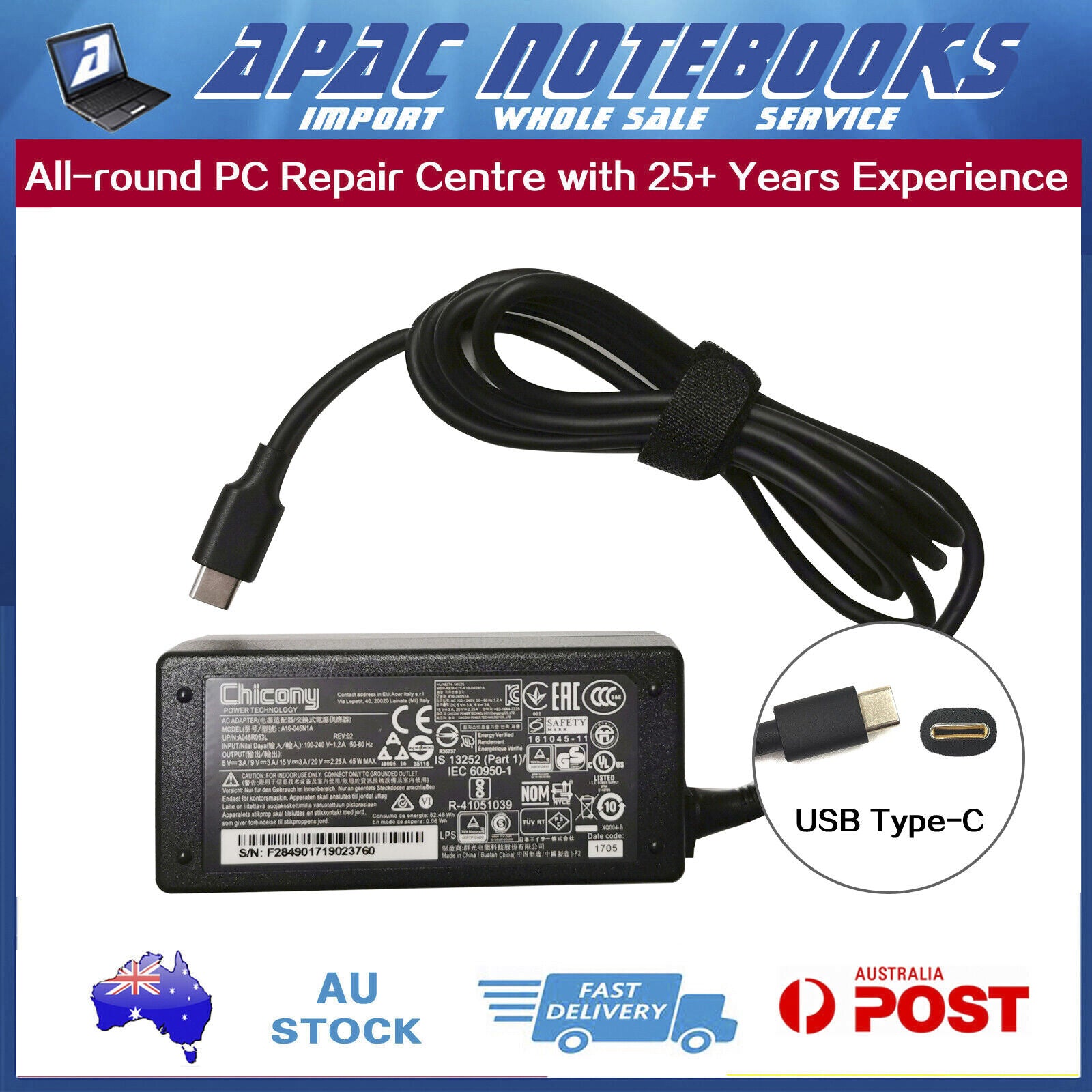 Genuine 45W USB Type-C AC Adapter Charger ASUS Chromebook C433TA C434FTA C434TA