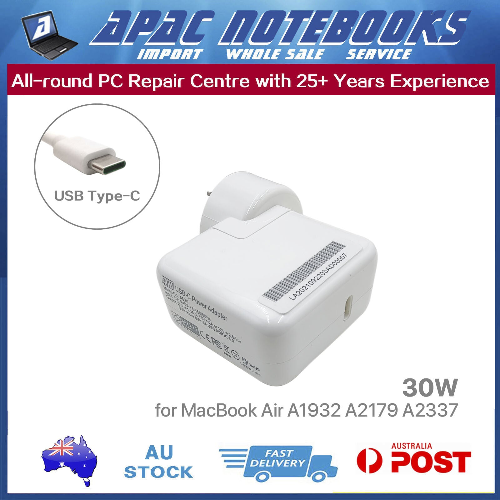 30W USB-C Power Adapter for MacBook Air 13" Retina A1932 2018 MacBookAir8,1