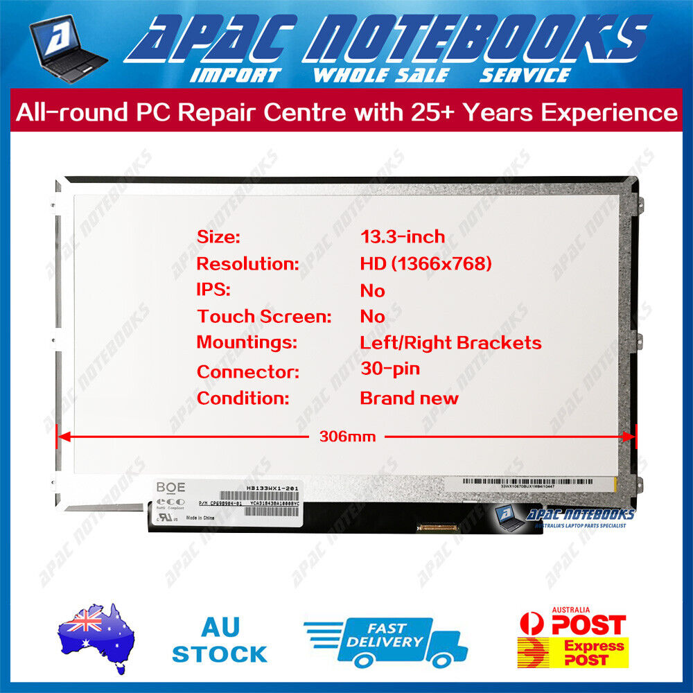 13.3"HD 30Pin L/R Bracket LED Screen B133XTN01.6 H/W:1A HB133WX1-201 DP/N 0F9RHP