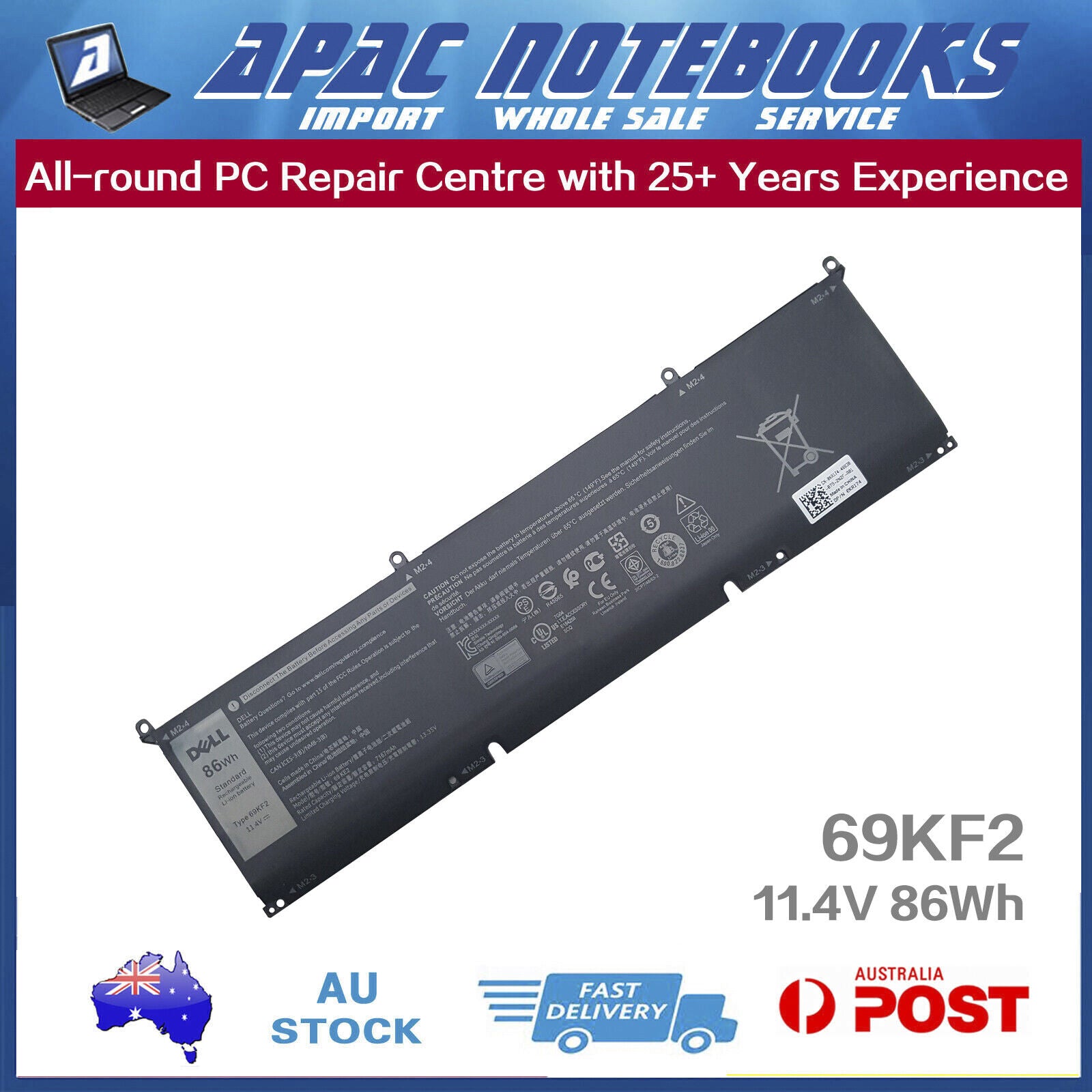 Genuine 69KF2 Battery for Inspiron 16 Plus 7620 7630 P117F003 004 P125F004 86Wh