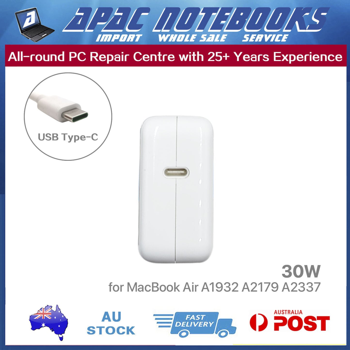 30W USB-C Power Adapter for MacBook Air 13" Retina A1932 2019 MacBookAir8,2