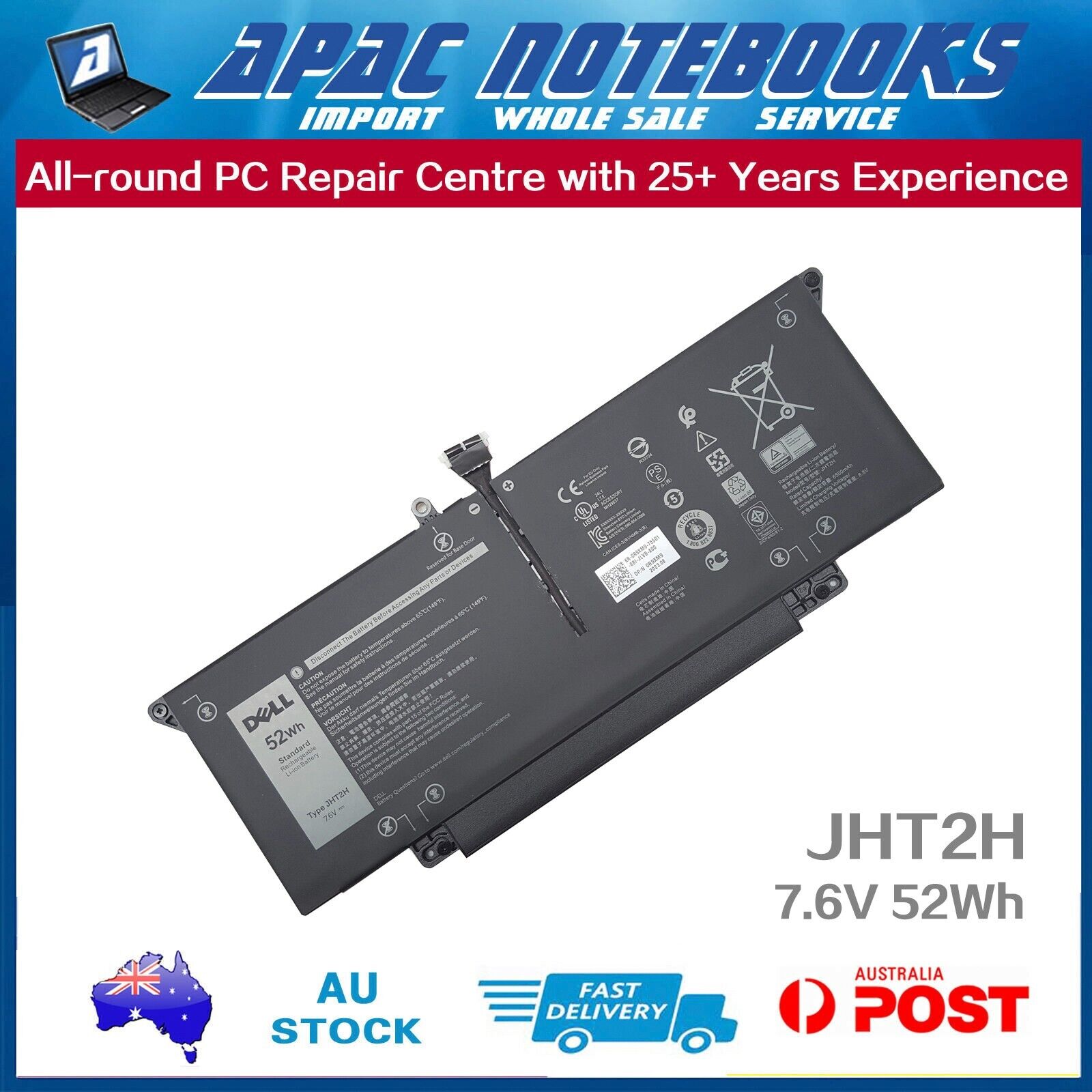 Genuine JHT2H Battery for 35J09 4V5X2 7CXN6 HRGYV K36KR T3JWC WY9MP X825P 52Wh