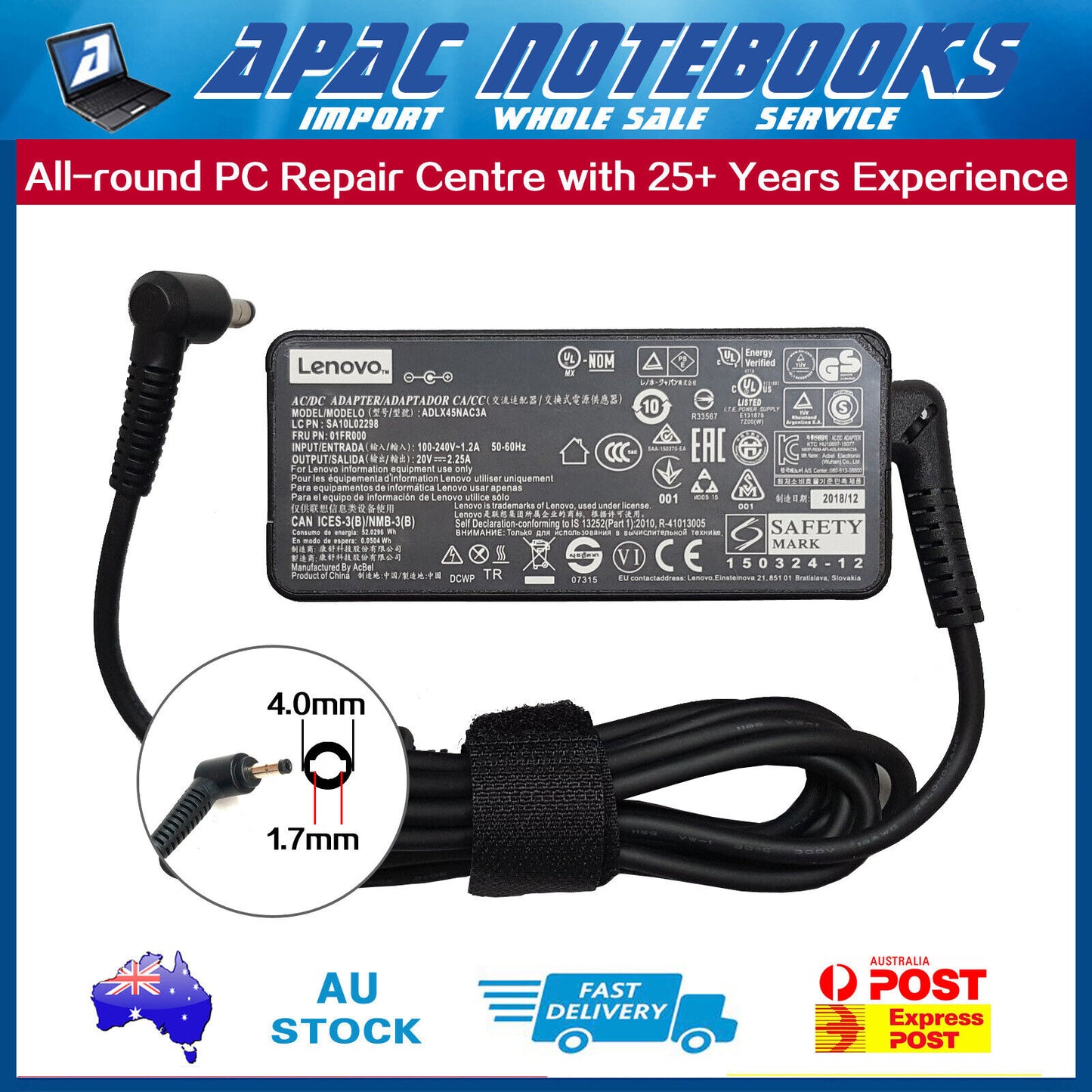 Genuine 45W AC Adapter Charger Lenovo ADP-45DW 20V 2.25A 4.0mm x 1.7mm