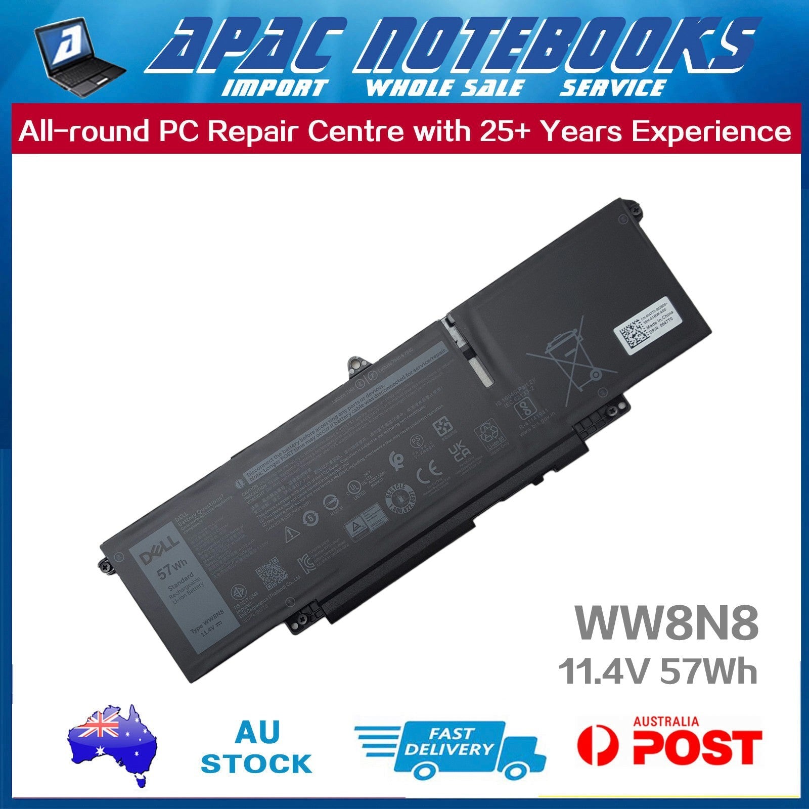 Genuine WW8N8 Battery for Latitude 7340 7350 7440 7450 7640 7650 11.4V 57Wh