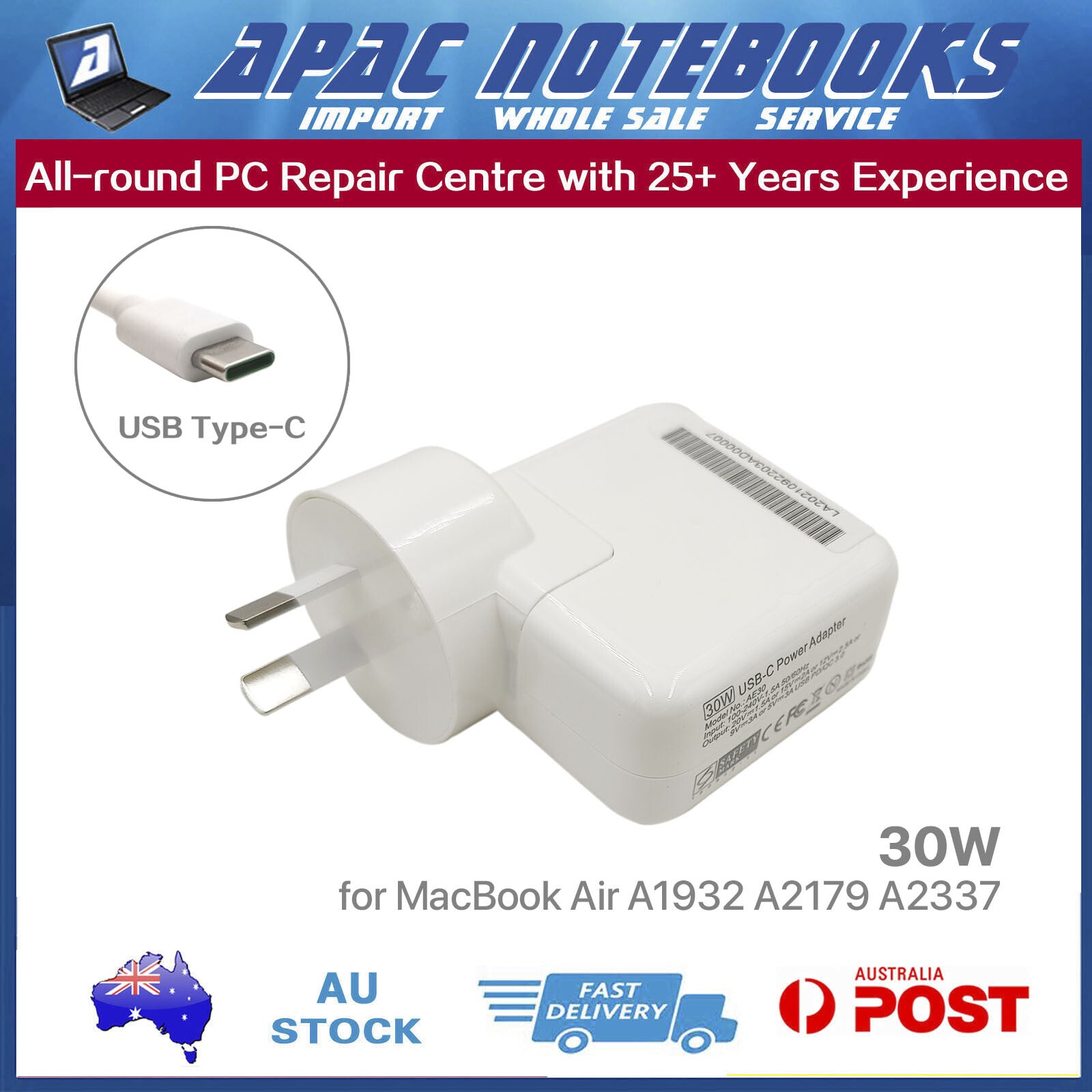 30W USB-C Power Adapter for MacBook Air 13" Retina A1932 2019 MacBookAir8,2