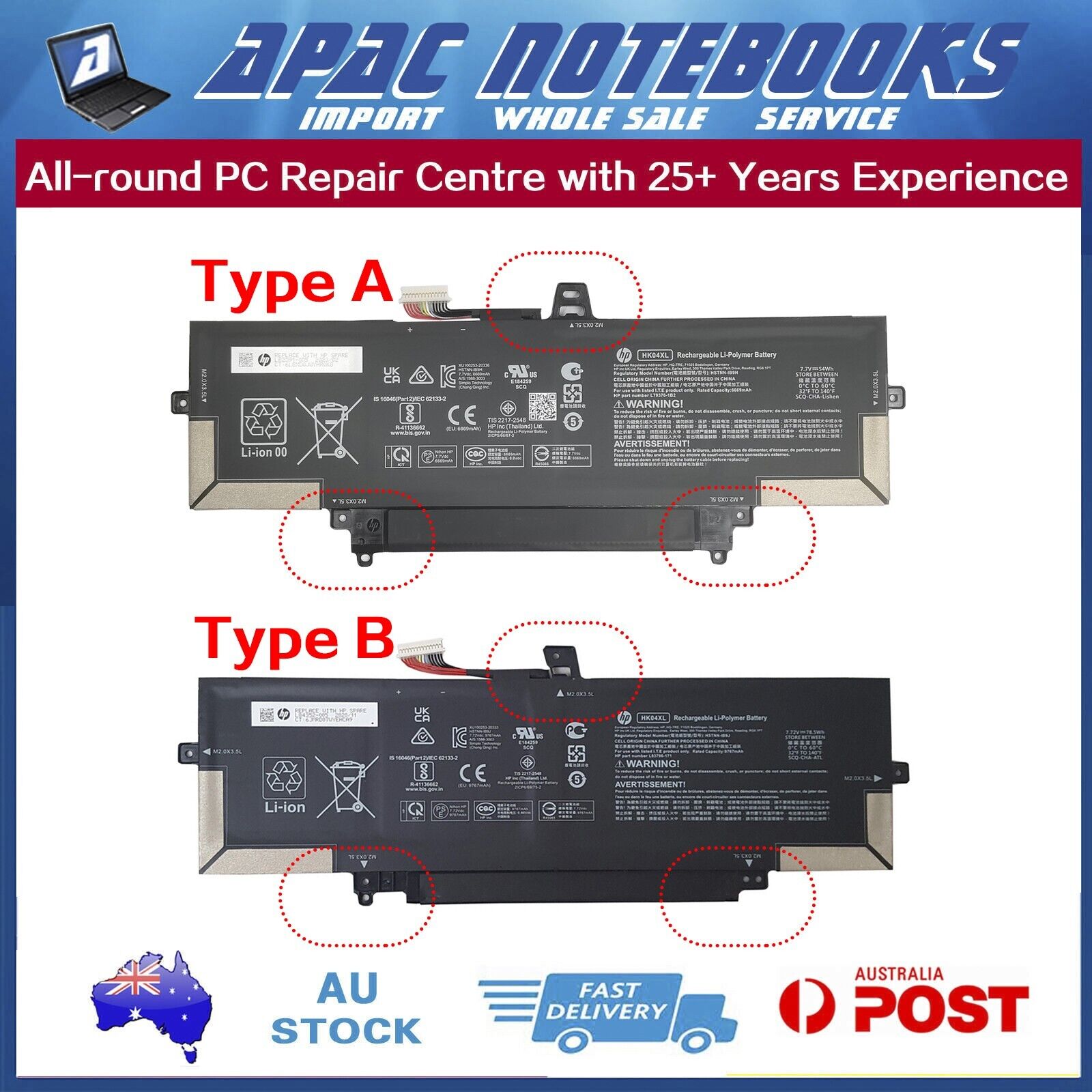 Genuine HK04XL Type-A Battery HP HSTNN-IB9H L79376-1B1 -1B2 L82391-005/6/7 54Wh