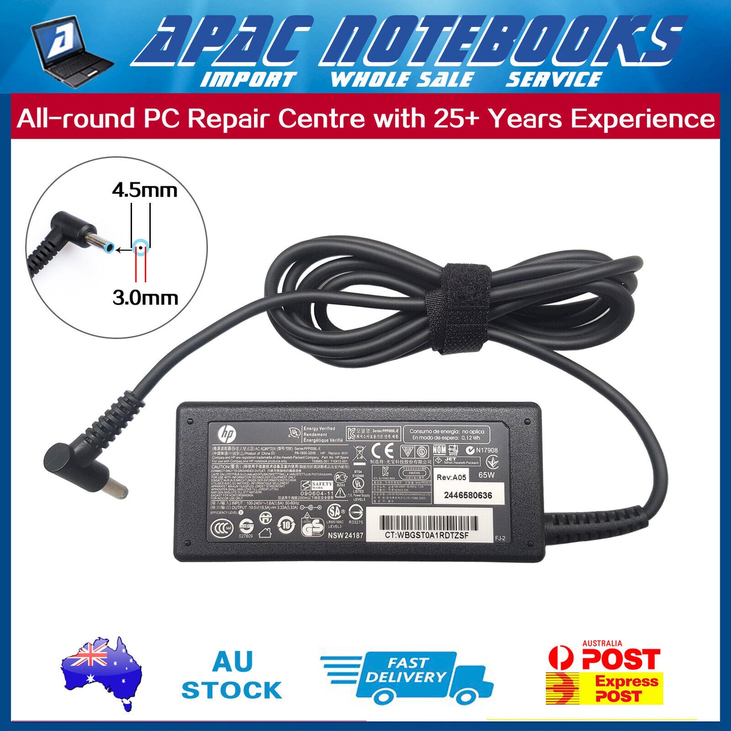 Genuine 65W AC Adapter Charger HP Laptop with 4.5mm x 3.0mm Connector