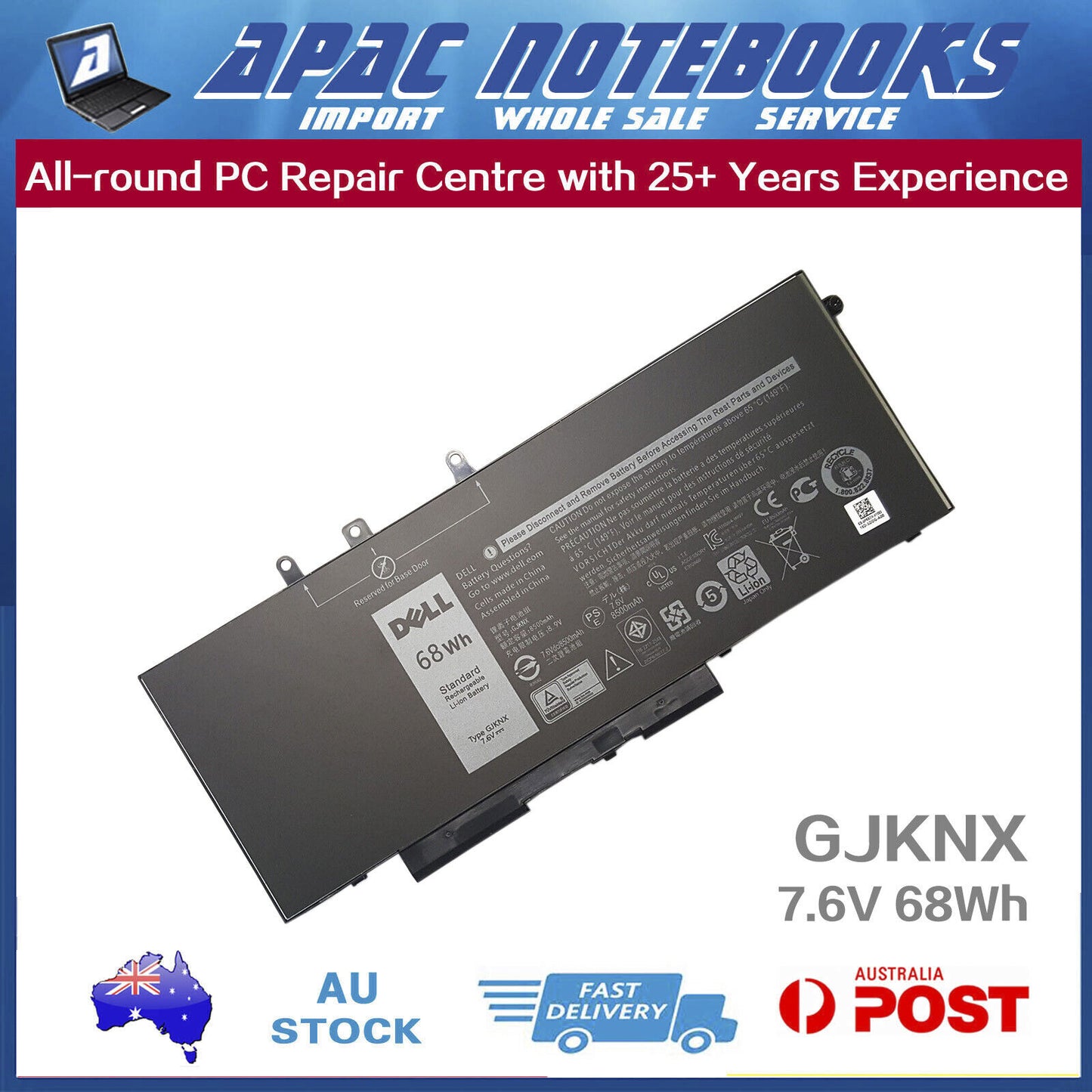 Genuine GJKNX Battery for 3DDDG 5YHR4 93FTF DV9NT FPT1C GD1JP KCM82 MT31P 68Wh