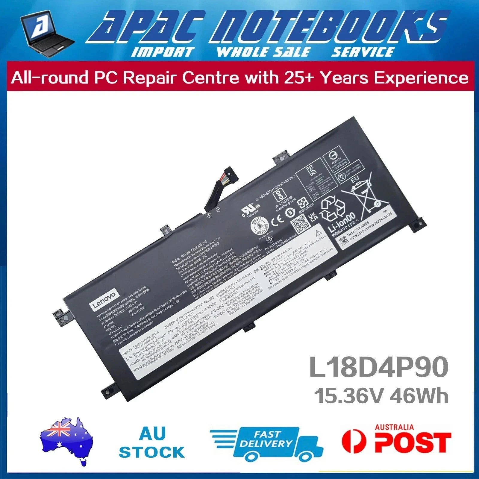 Genuine Battery for ThinkPad L13 Yoga Gen 2 20VK 20VL 21AD 21AE 15.36V 46Wh