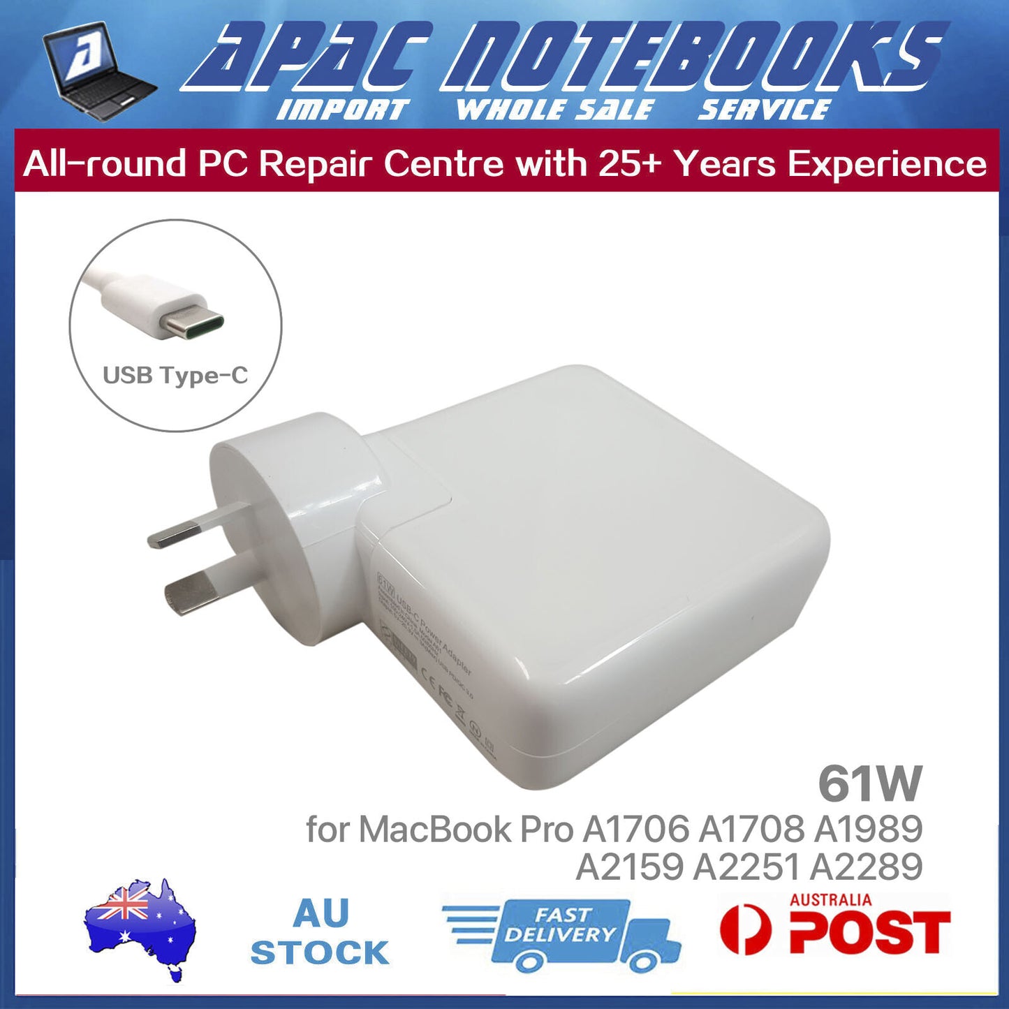 61W USB-C Power Adapter for MacBook Pro 13" A1708 2016 2017 MacBookPro13,1 14,1