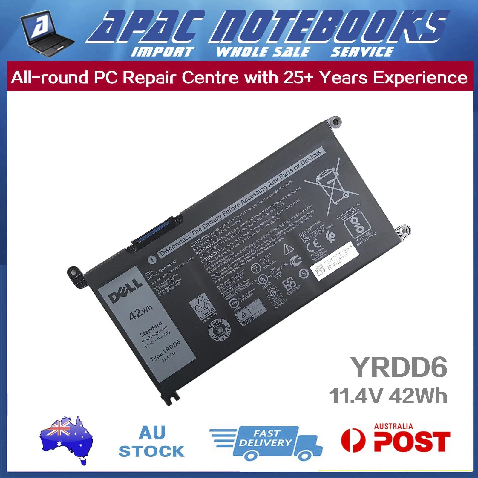 Genuine YRDD6 Battery for Latitude 3190 3310 2in1 3400 Chromebook 3100 3110 2in1