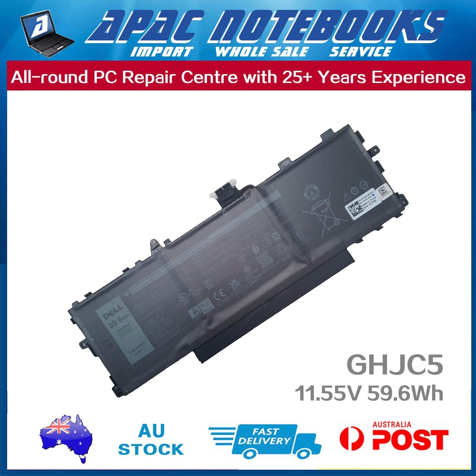 Genuine GHJC5 Battery for Latitude 9420 9420 2in1 9430 9430 2in1 11.55V 59.6Wh