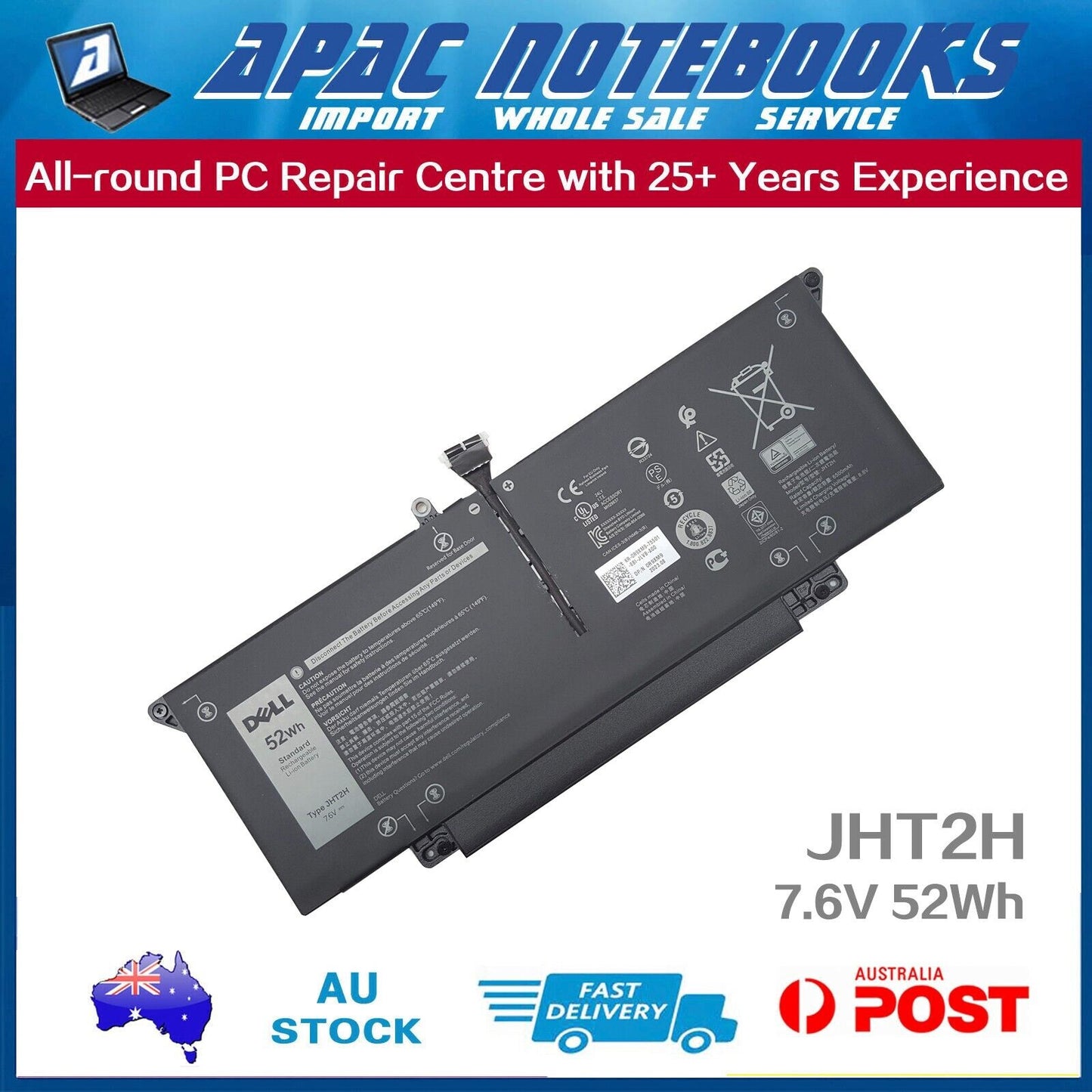 Genuine JHT2H Battery for Latitude 7310 7410 7410 Chromebook P33S P119G 52Wh