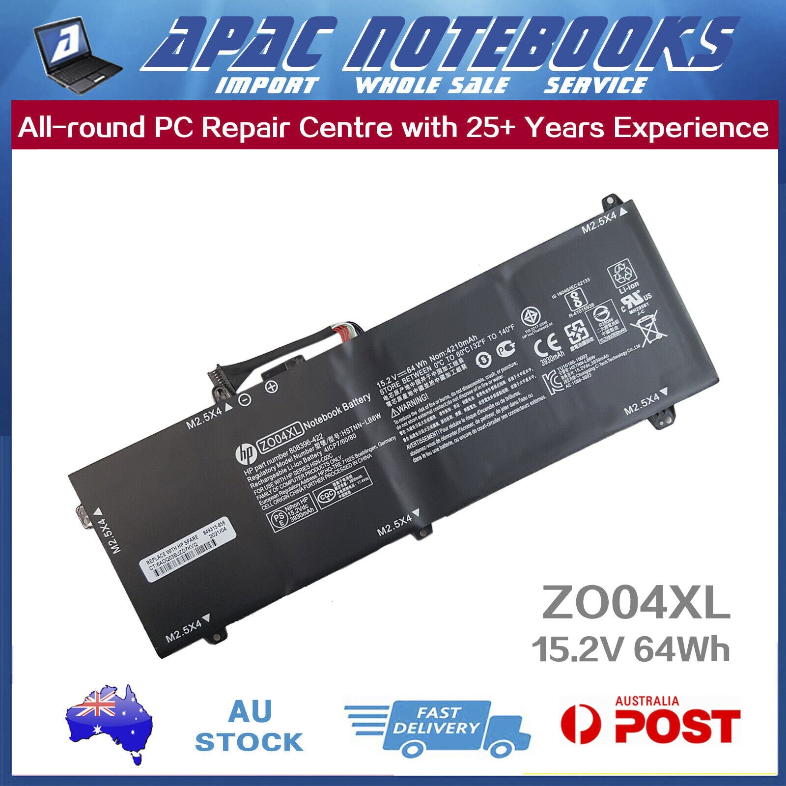 Genuine ZO04XL Battery HP 808396-421 808396-422 808396-721 808450-001 -002 64Wh