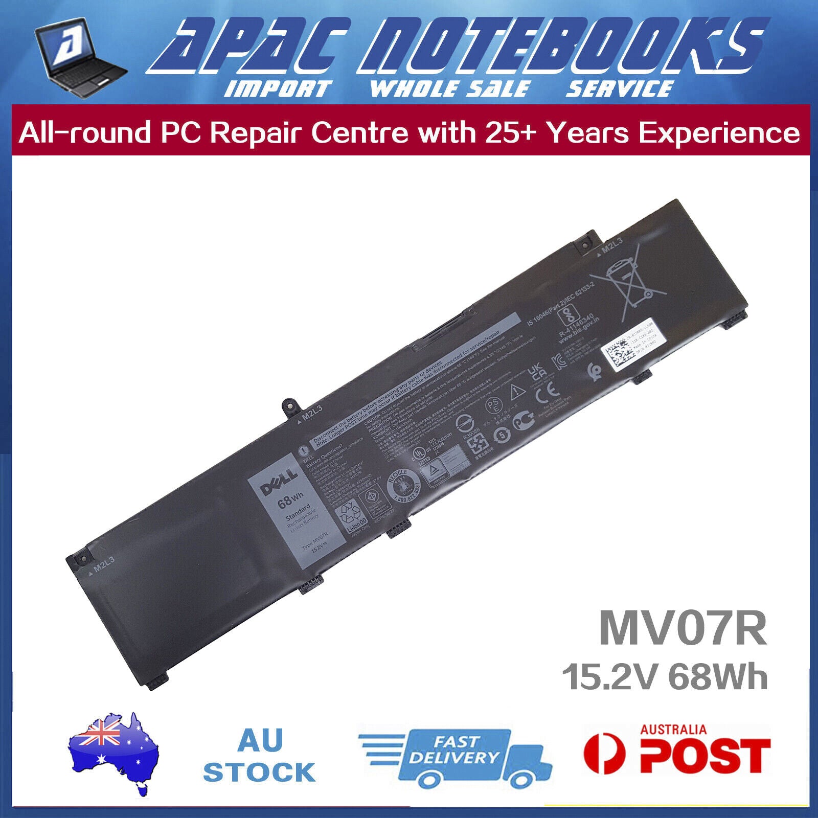 Genuine MV07R Battery for 72WGV JJRRD W5W19 P89F002 P89F003 P89F004 15.2V 68Wh