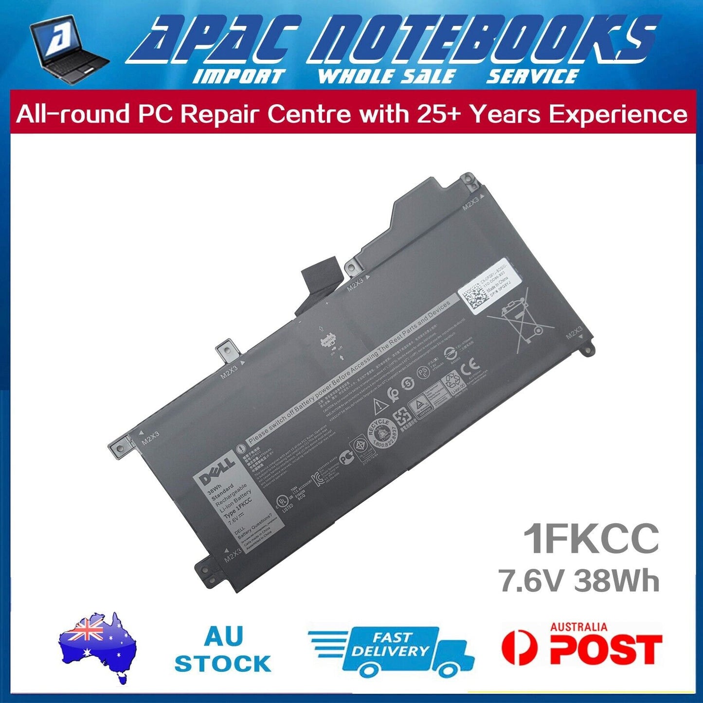 Genuine 1FKCC Battery for 4JFDV 9NTKM D9J00 KWWW4 NK35K T5H6P 7.6V 38Wh