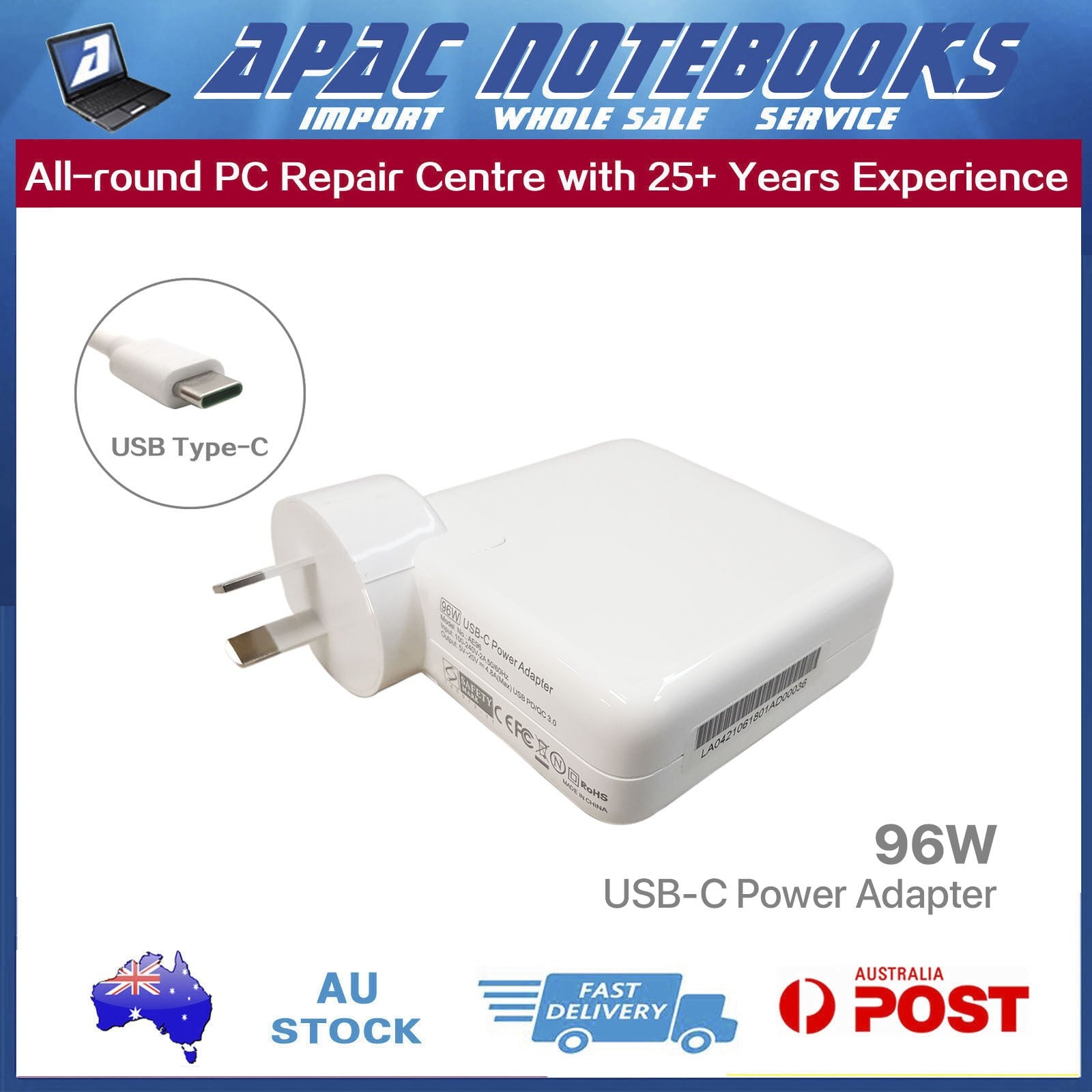96W USB-C Power Adapter for MacBook Pro 14" A2442 M1 2021 MacBookPro18,3 18,4