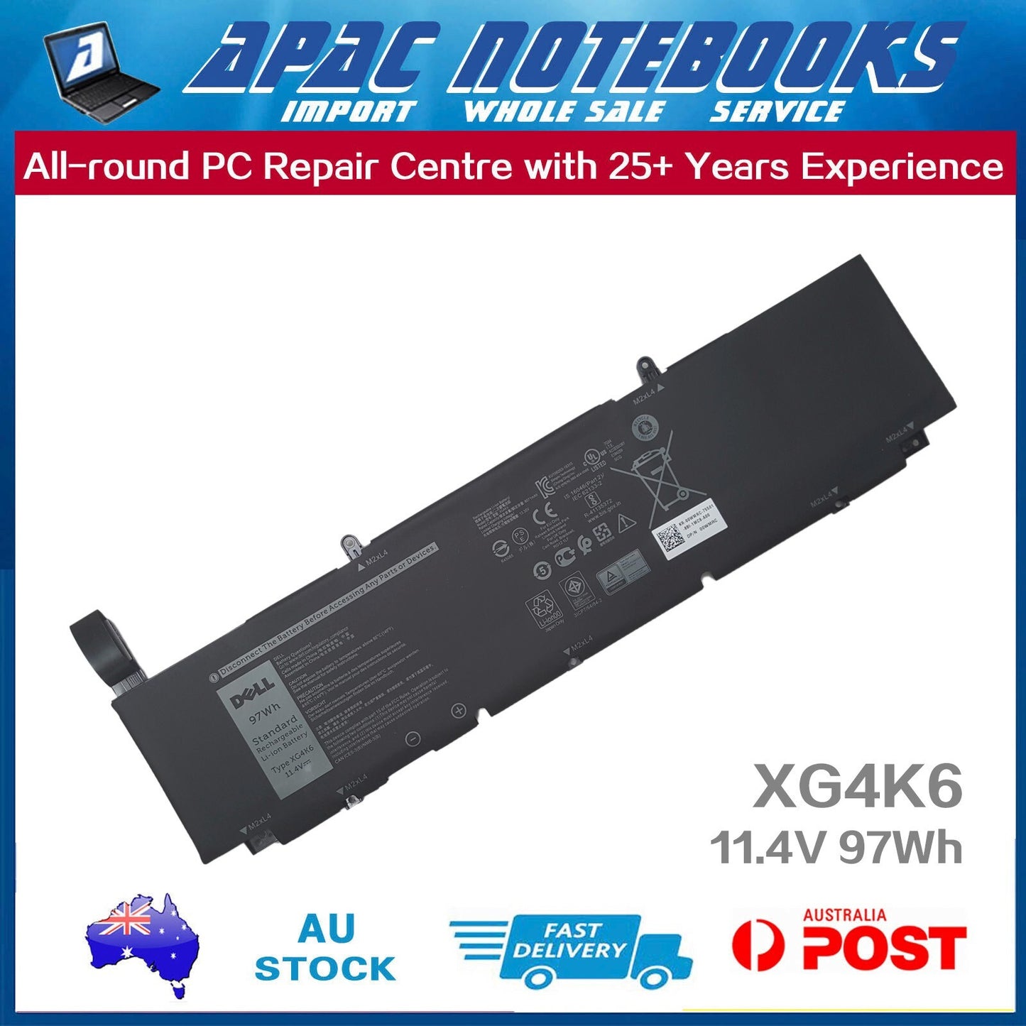 Genuine XG4K6 Battery for 01RR3 0YY3V 5XJ6R DXF97 F8CPG KRDHV KVPMY 11.4V 97Wh