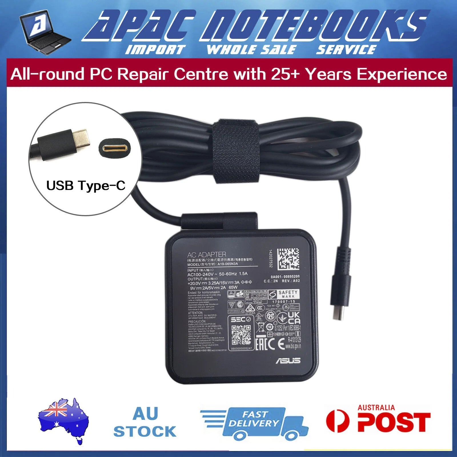 Genuine 65W USB-C Adapter Charger ASUS ZenBook 14 UX425 UX425EA IA JA QA UA UAZ